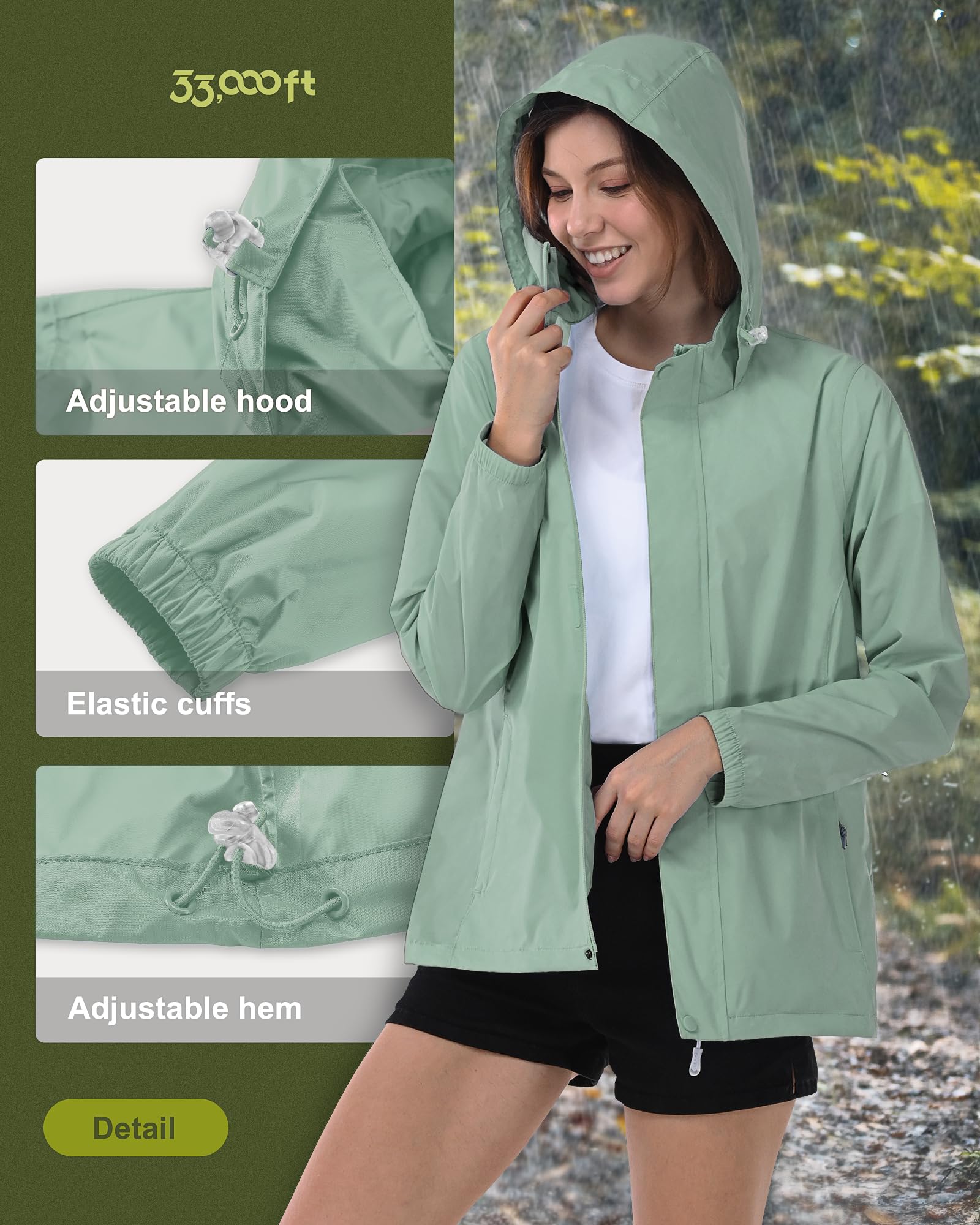 33,000ft Women's Rain Jacket Waterproof Lightweight Packable Raincoats