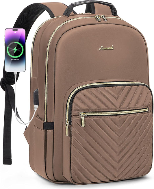 LOVEVOOK Laptop Backpack for Women 17.3 inch,Cute Womens Travel Backpack Purse,Professional Laptop Computer Bag,Waterproof Work Business College Teacher Bags Carry on Backpack with USB Port,Brown
