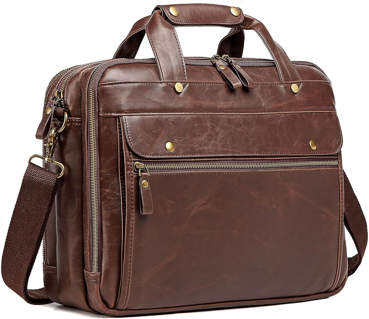 Bosidu Leather Briefcases for Men 15.6 Inch Laptop Messenger Bag with Triple Compartments Water-Resistant Computer Shoulder Bag for Business, Travel, Work, Office, Brown