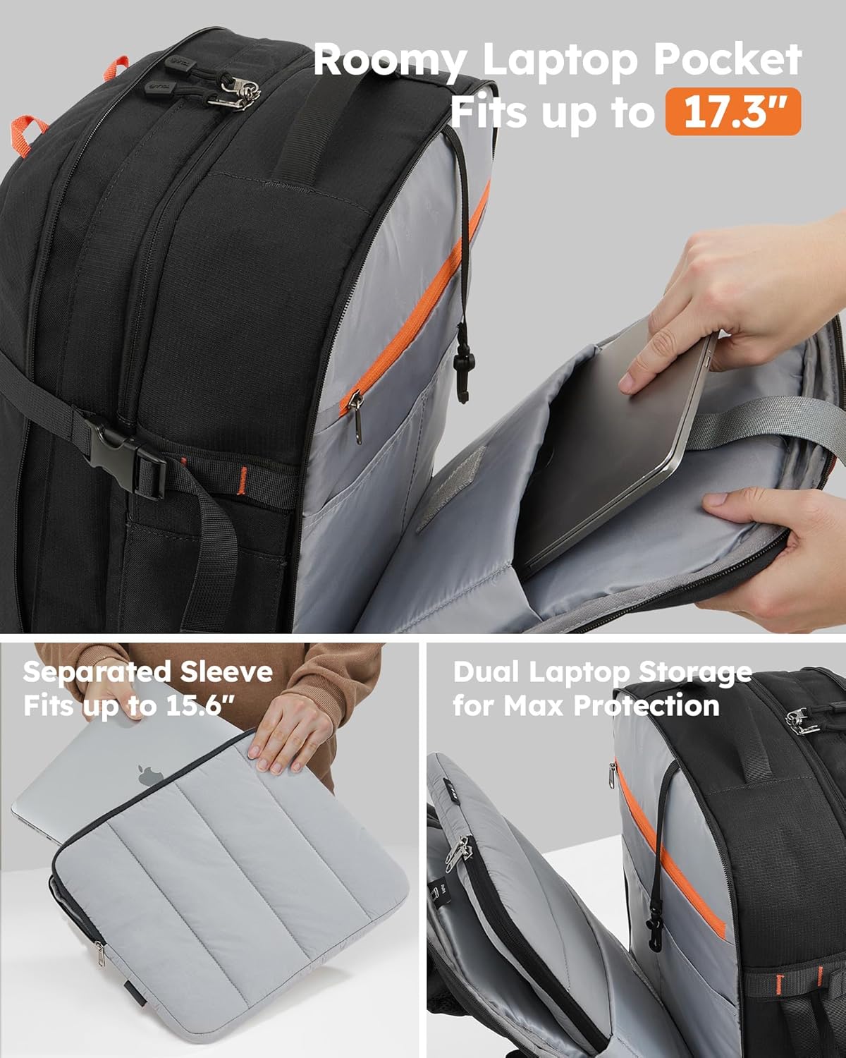 Tolaccea Travel Backpack, TSA Flight Approved Carry On Laptop Backpack for Women Men, Dual Laptop Storage for 17.3" and 15.6" Laptop, Large Luggage Backpack 40-45L Expandable (Black)
