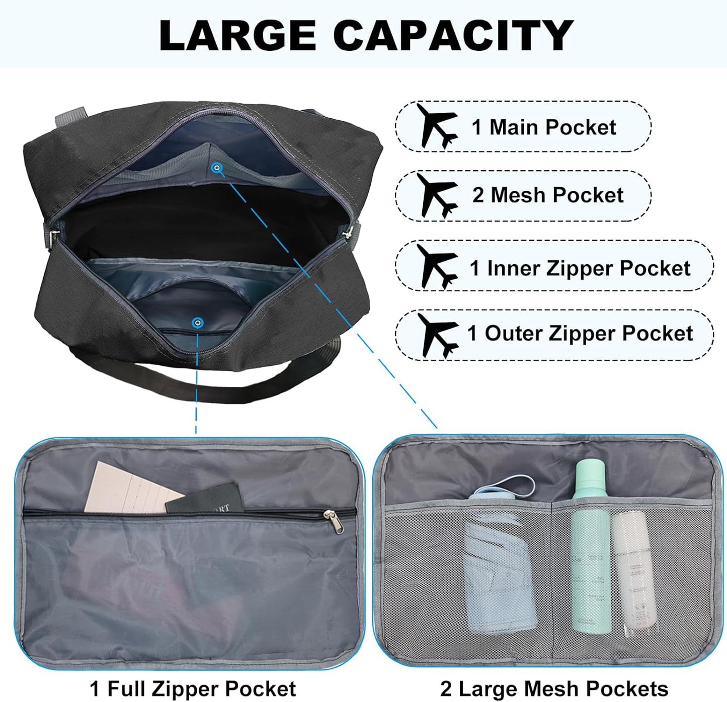 For Spirit Airlines Personal Item Bag 18x14x8 in Underseat Carry-on Luggage foldable Travel Duffle Bag for Airplanes(30L, Black)