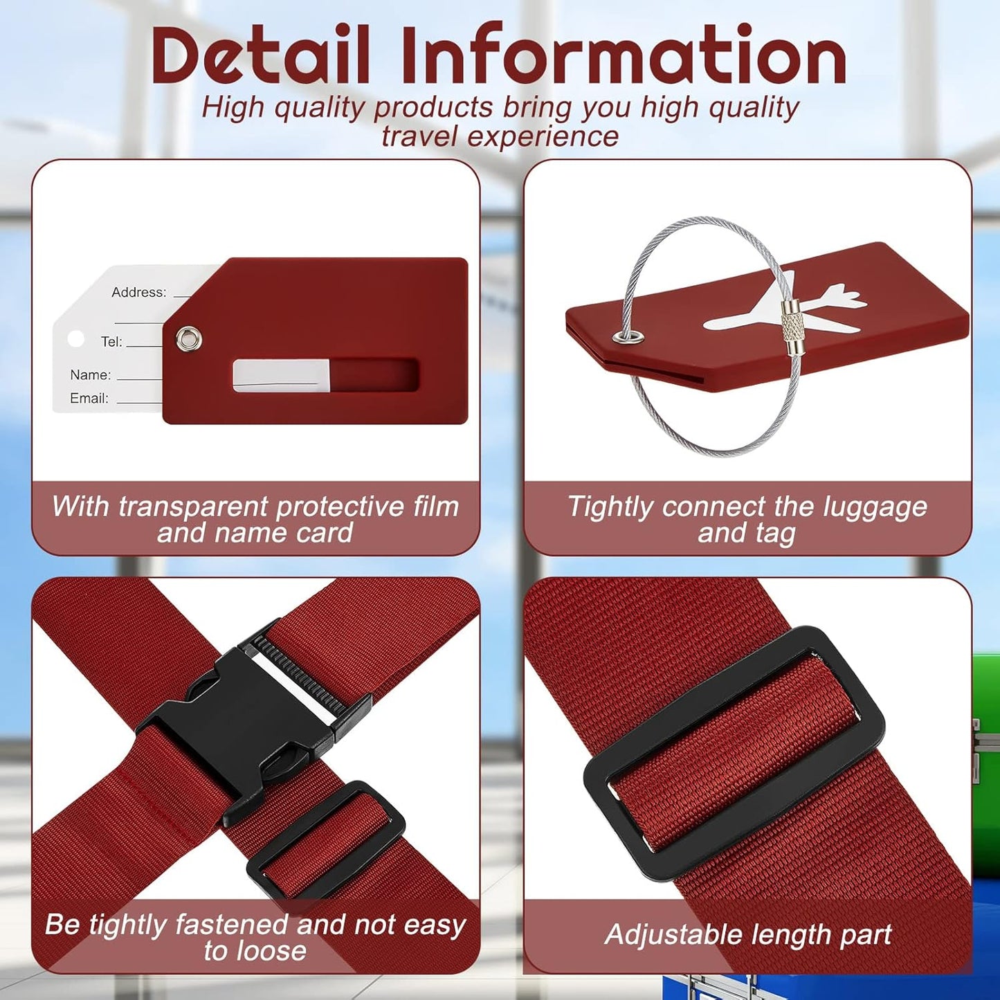 Weewooday 8 Pcs Luggage Straps Suitcase Tags Set for TSA Approved, 4 Travel Adjustable Suitcase Belt, 4 Silicone Luggage Tags with Name ID Card Travel Accessories(Wine Red,Airplane)