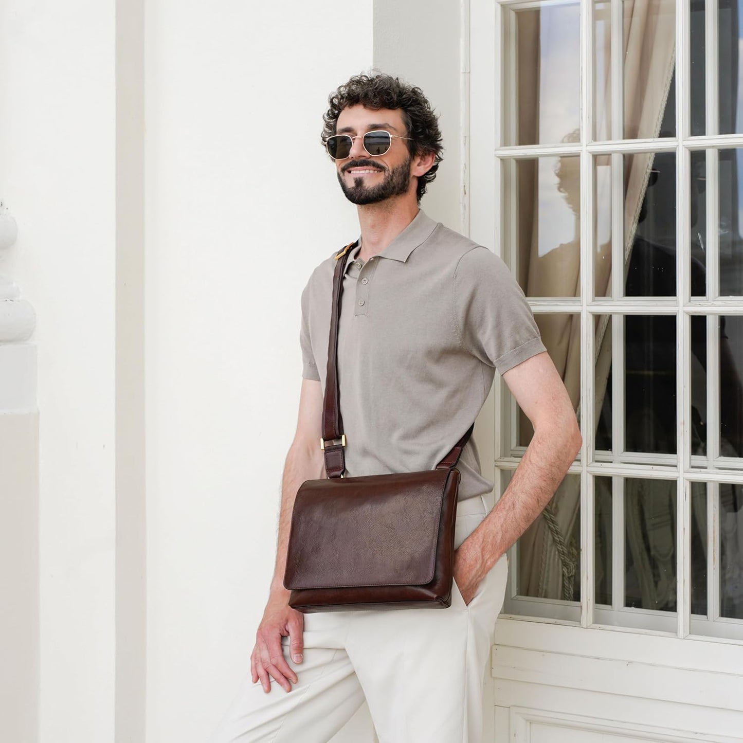 Time Resistance Leather Messenger Bag for Men - Crossbody Bag - Full Grain Leather - Tablet Sized Shoulder Bag