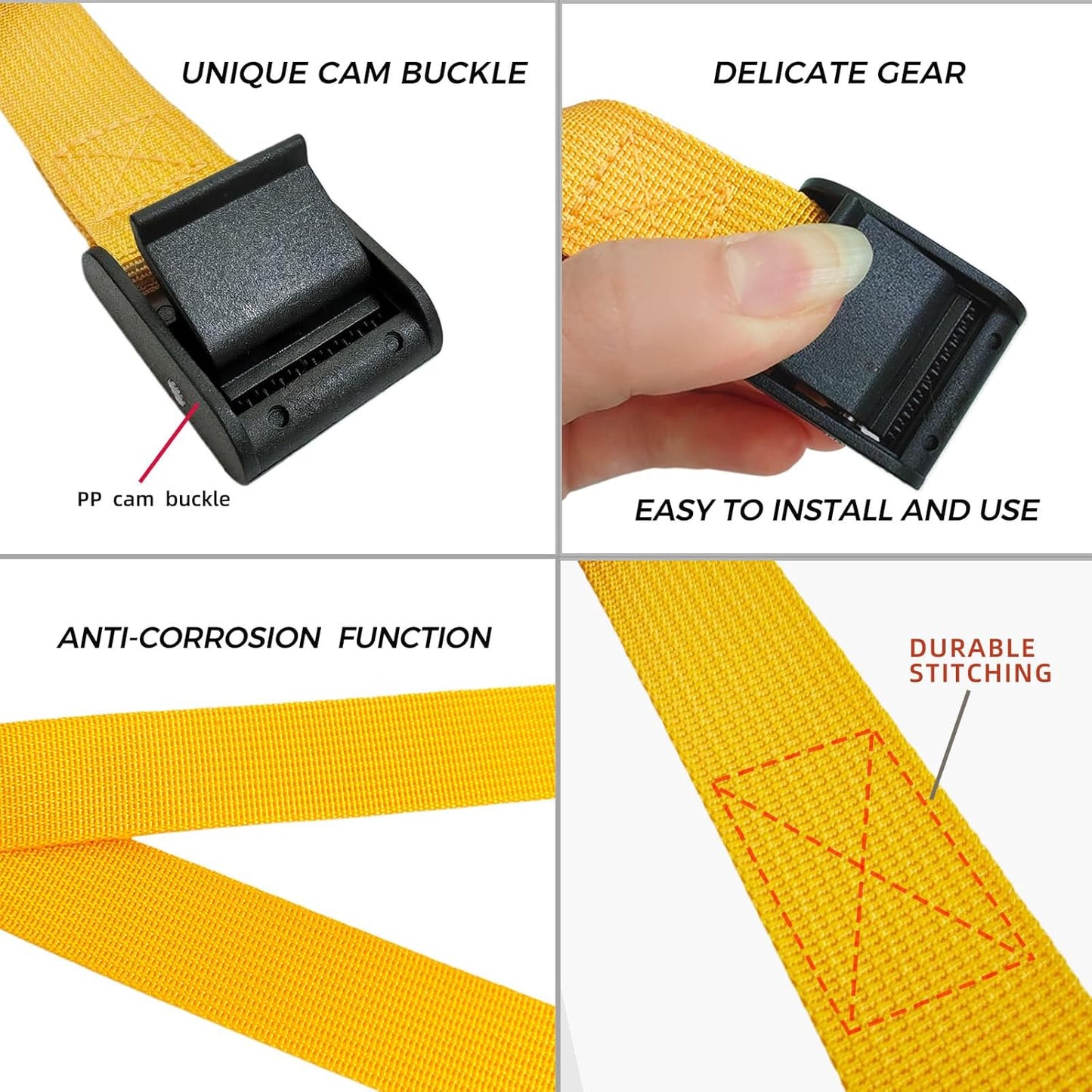 4PCS Tie Down Straps, 1 inch Wide Lashing Straps with Buckles, Adjustable Cam Buckle Cinch Straps Suitable for Motorcycle, Cargo, Trucks,Trailer,Luggage, Car Roof Rack (Yellow, 1"*12')