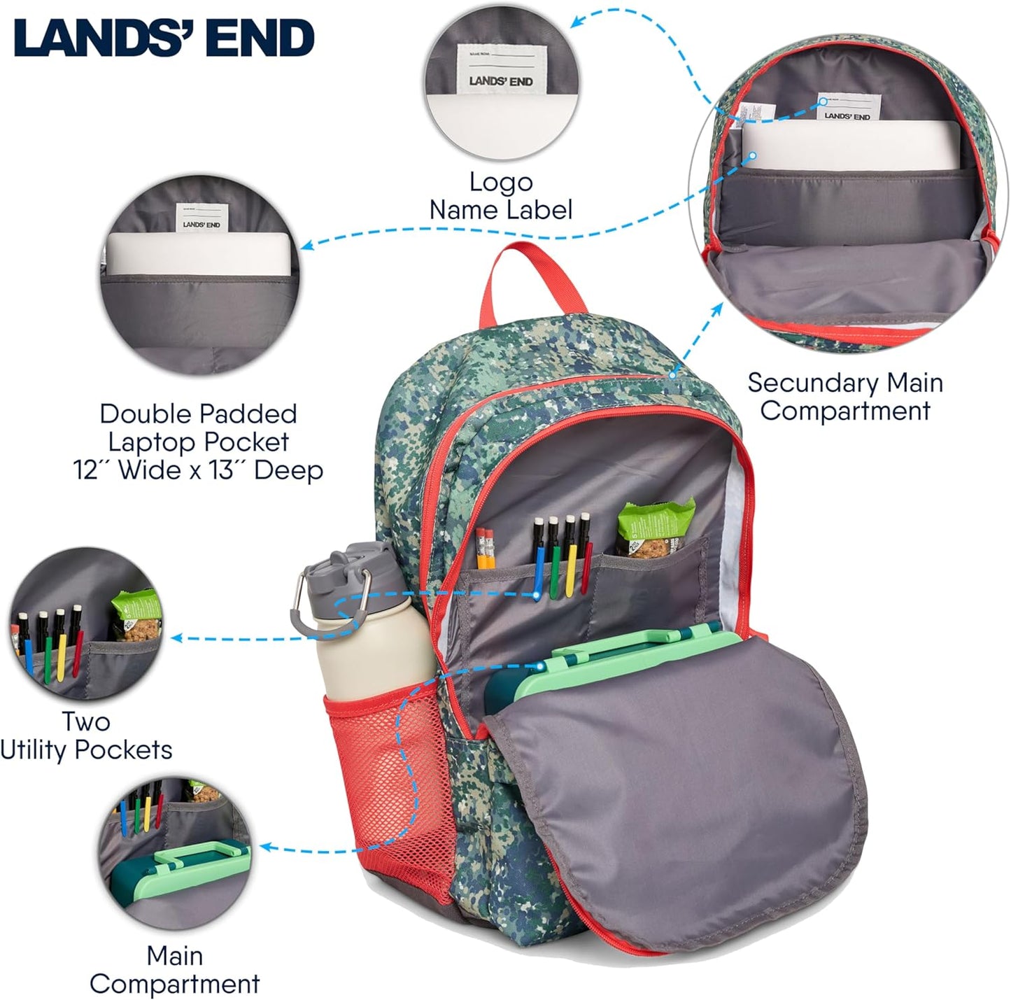 Lands' End Unisex Kids Large ClassMate Lightweight Durable Elementary School Backpack, Dusty Olive
