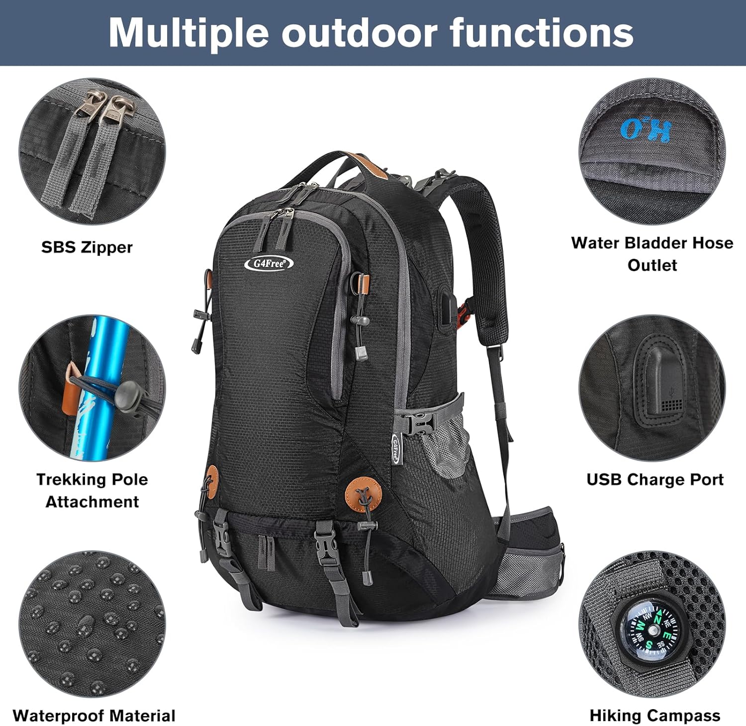 G4Free 50L Hiking Backpack Waterproof Daypack Outdoor Camping Climbing Backpack with Rain Cover for