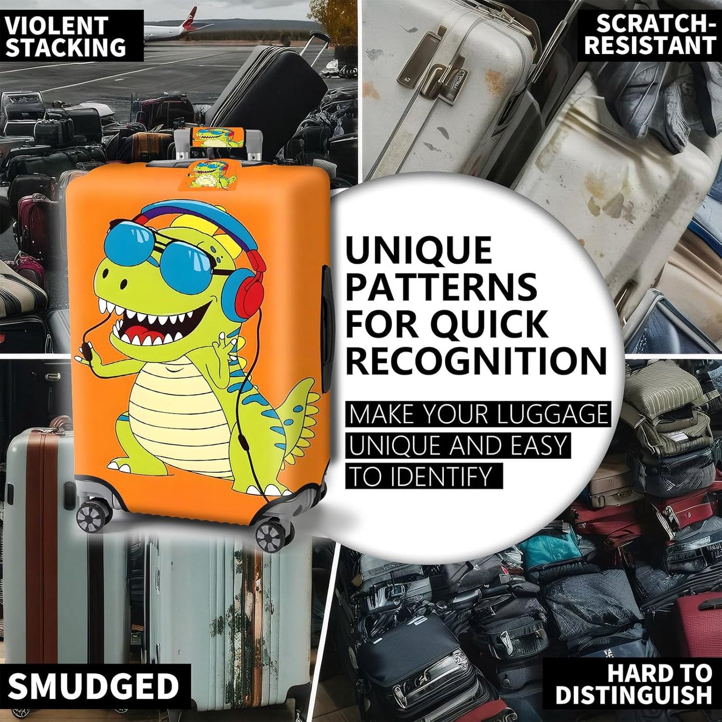 Travel Luggage Cover,Cartoon Dinosaur Theme Suitcase Cover Accessory Kit, Luggage Tag, and Comfortable Luggage Handle Wrap, Washable Zipper Close Luggage Suitcase Protector (18-20 inch,S)