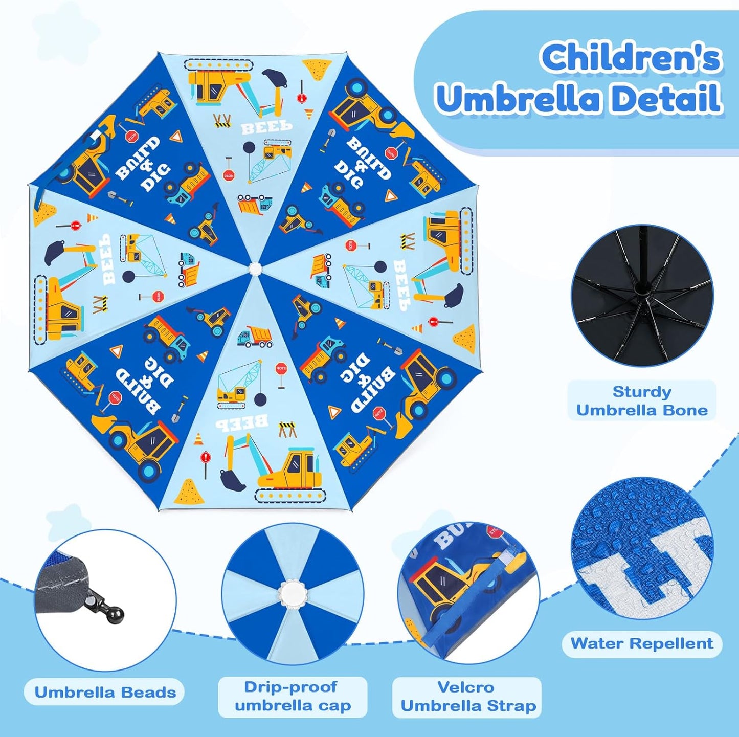 Autoamtic Kids Umbrella UV Resistant, Folding Compact Umbrella 360° Reflective Strip for Travel Outdoor, Lightweight Cute Kids Parasol Anti-rebound Safe for Toddler