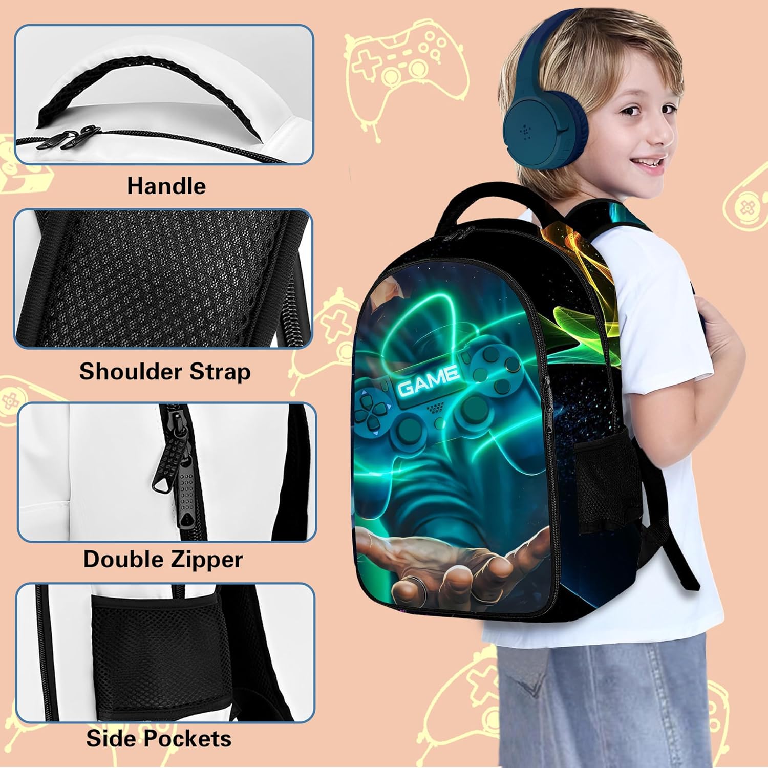 Game Backpack Set for Boys, Gaming Backpack 3 Pack, Boys Lunch Box, and Pencil Bag for Kids, 17"