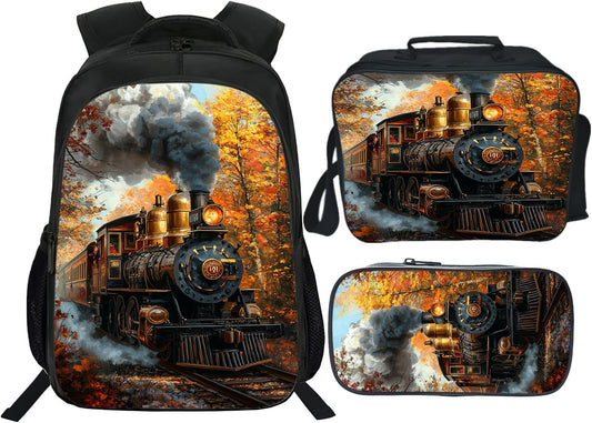 Train Backpack Kids Bookbag 16inch Schoolbag With Lunch Box Bag And Pencil Case Set For Boys Girls