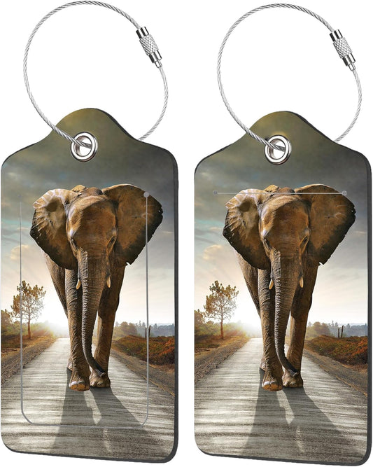 2 Pack Luggage Tags for Suitcases,Single Elephant Walking Luggage Tag,PU Leather Id Label Luggage Tags with Stainless Steel Loop and Privacy Cover for Women Men Teens Travel