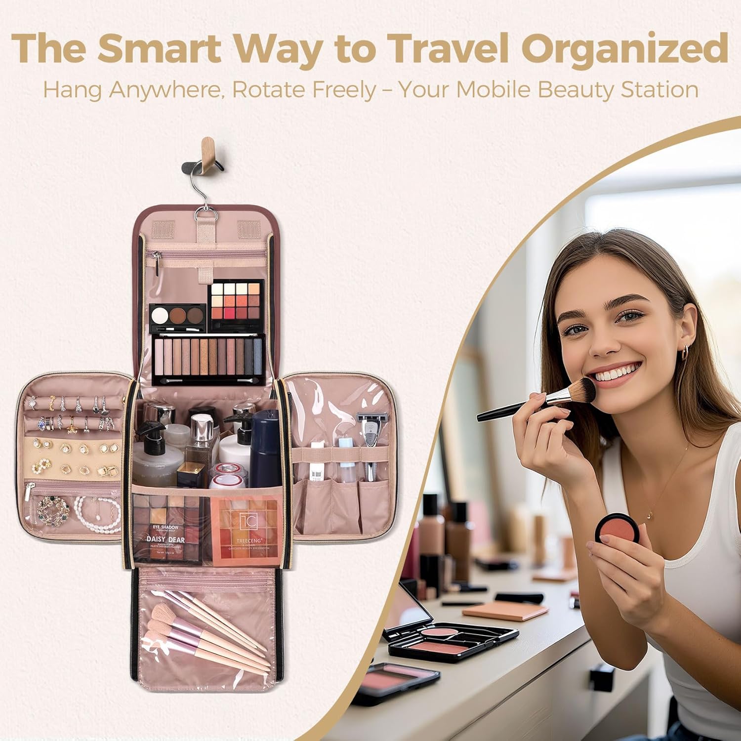 Hanging Toiletry Bag & Makeup Bag for Women with Jewelry Organizer - TSA Approved Large Capacity