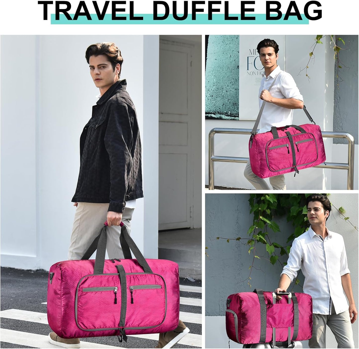 Dimayar Travel Duffle Bag for Men Women - Foldable Duffel Bag with Shoes Compartment - Overnight Bags Waterproof & Tear Resistant(65L,Fuchsine)