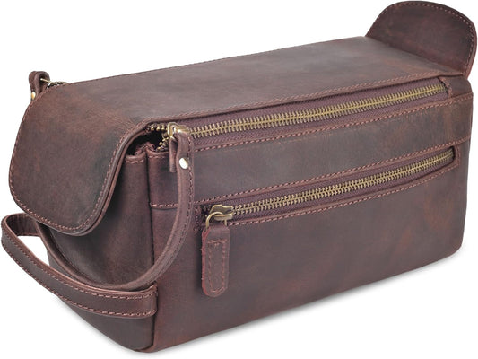 Leather Travel Toiletry Bag for Men & Women – Genuine Leather Dopp Kit, Shaving Organizer, Waterproof Lining, Spacious Toiletry Organizer Gift for Unisex - Walnut Brown