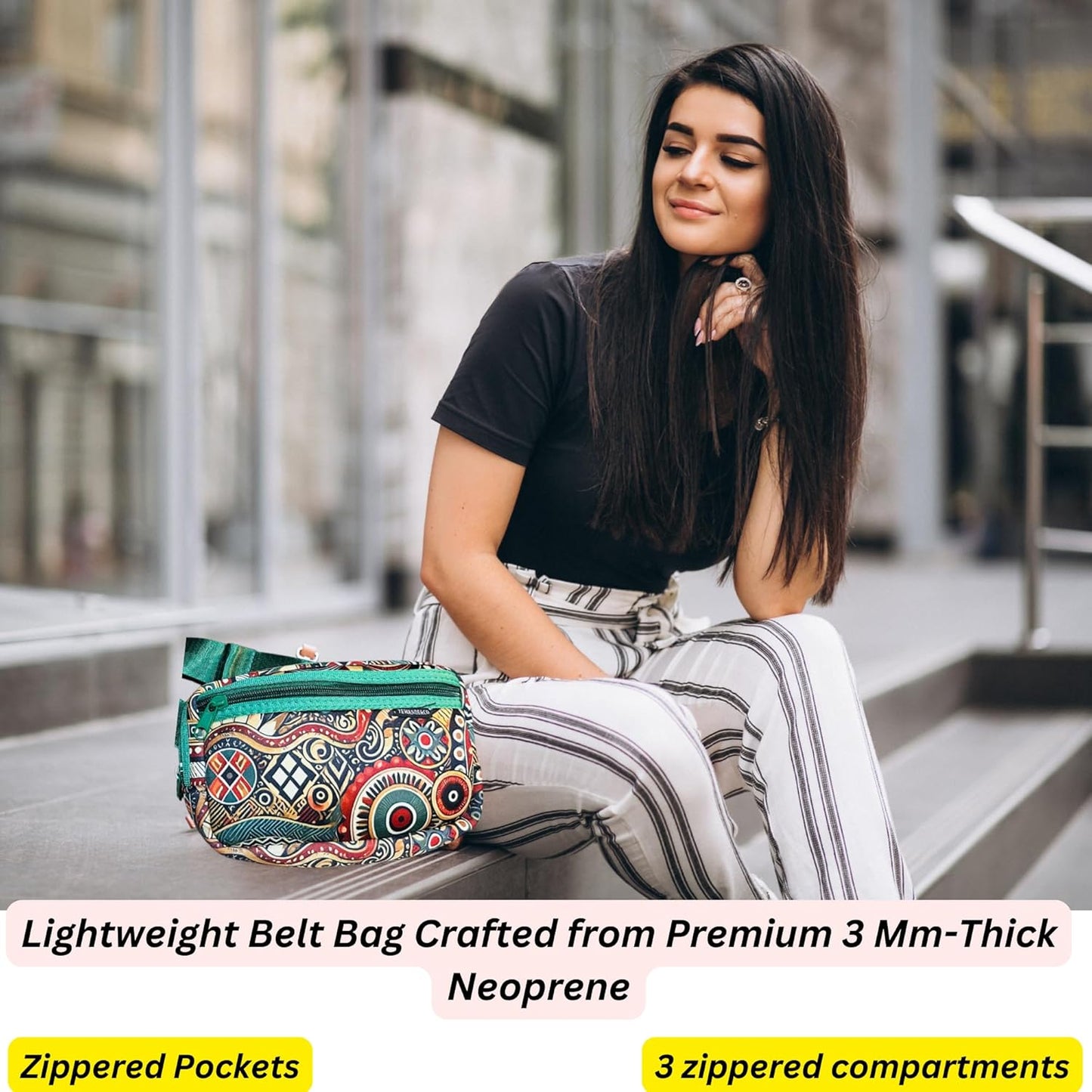 Yewande&co Neoprene Fanny Pack Belt Bag – Lightweight Waterproof Waist Bag with Adjustable Strap, 3 Zippered Pockets, Crossbody Belt Bag for Travel, African Design Crossbody Bags (Circus)