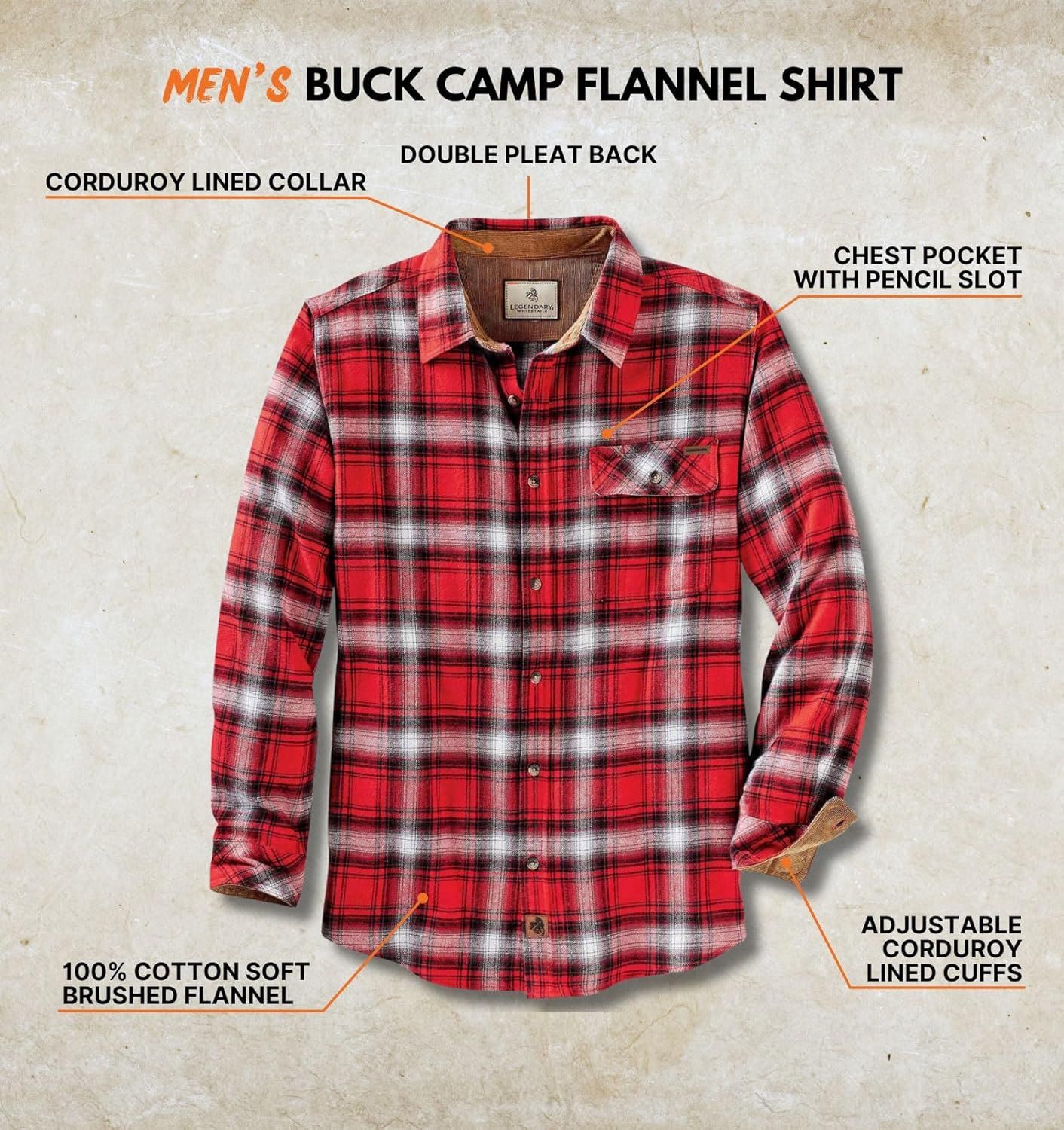 Legendary Whitetails Men's Flannel Shirt Long Sleeve Button Down 100% Cotton