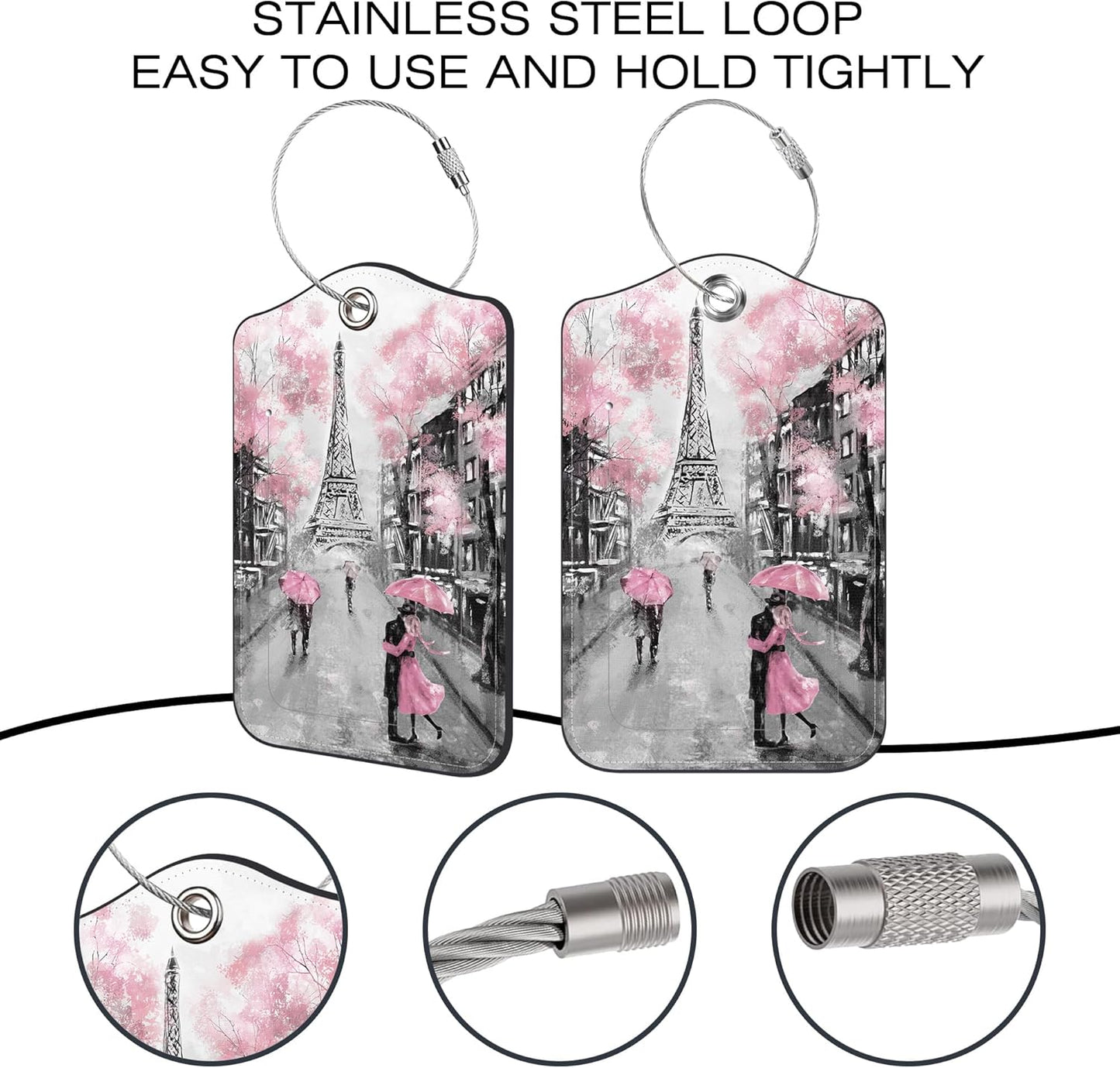 2 Pack Luggage Tags,Pink Paris PU Leather Idea Baggage Tag with ID Labels Privacy Cover Metal Ring Men and Women Travel Bag Labels