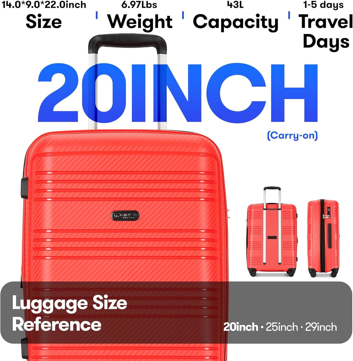 GinzaTravel 20 Inch Carry on Luggage 22x14x9 Airline Approved Hardside Suitcase with Spinner Wheels TSA Lock, 20-Inch, Red