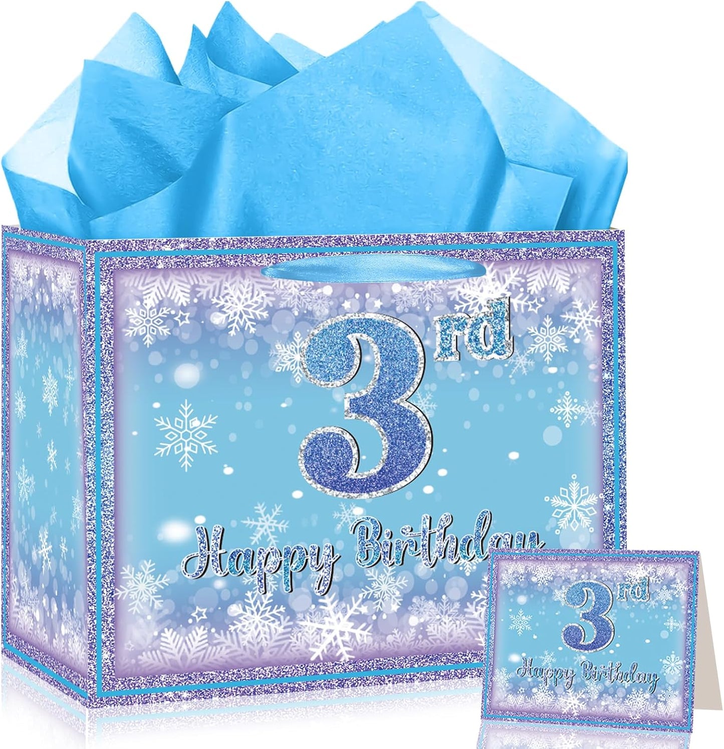 Frozen 3rd Birthday Gift Bag for Girls, Large Purple Blue Snowflake Third Birthday Bags with Tissue Paper and Greeting Card Snow Frozen 3 Years Old Party Favor Bags for Girls 3rd Bday Christmas Gift