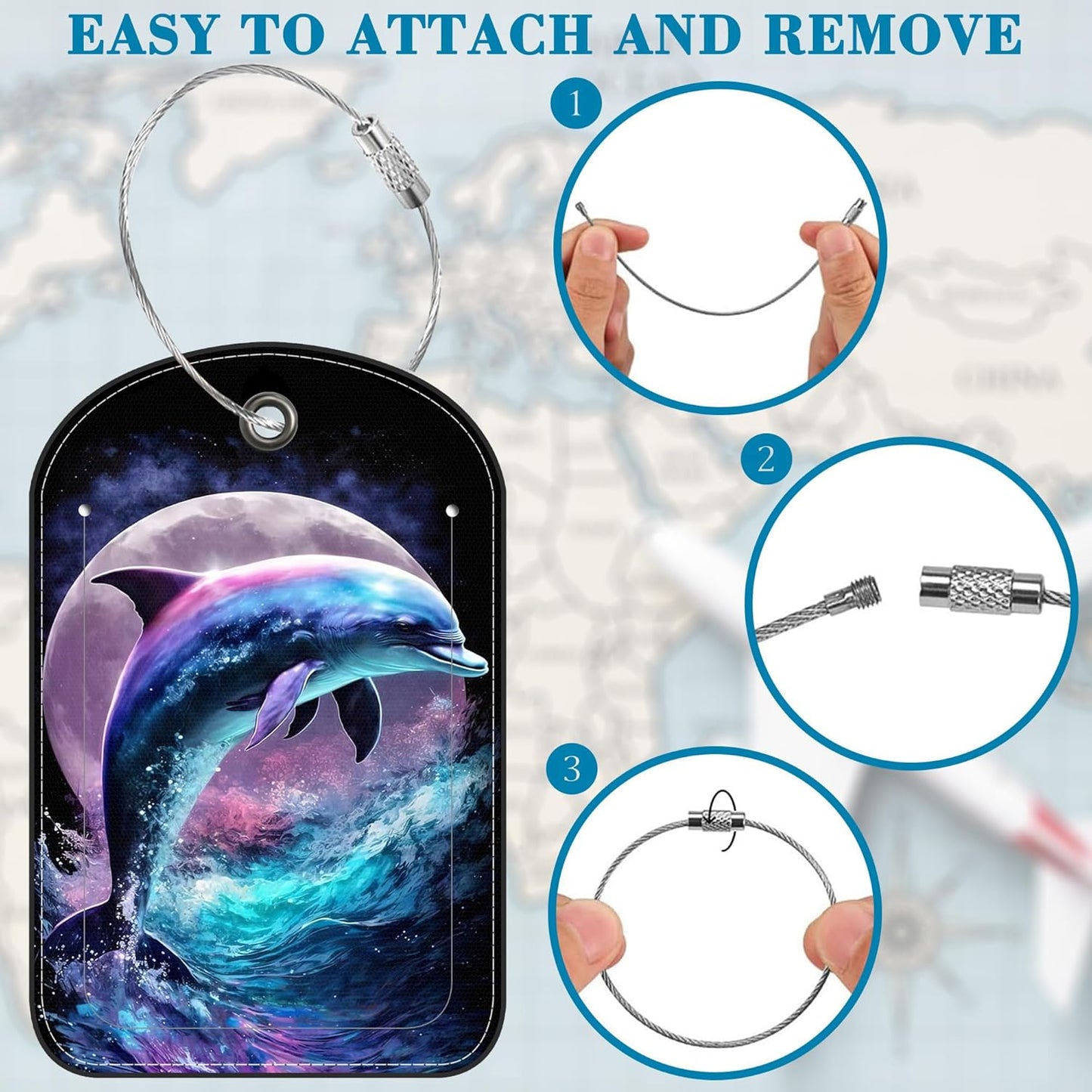 2 Pack Luggage Tag for Suitcase Jumping Dolphin Leather Suitcase Tags with Privacy Name ID Label and Stainless Steel Loop for Travel Bag