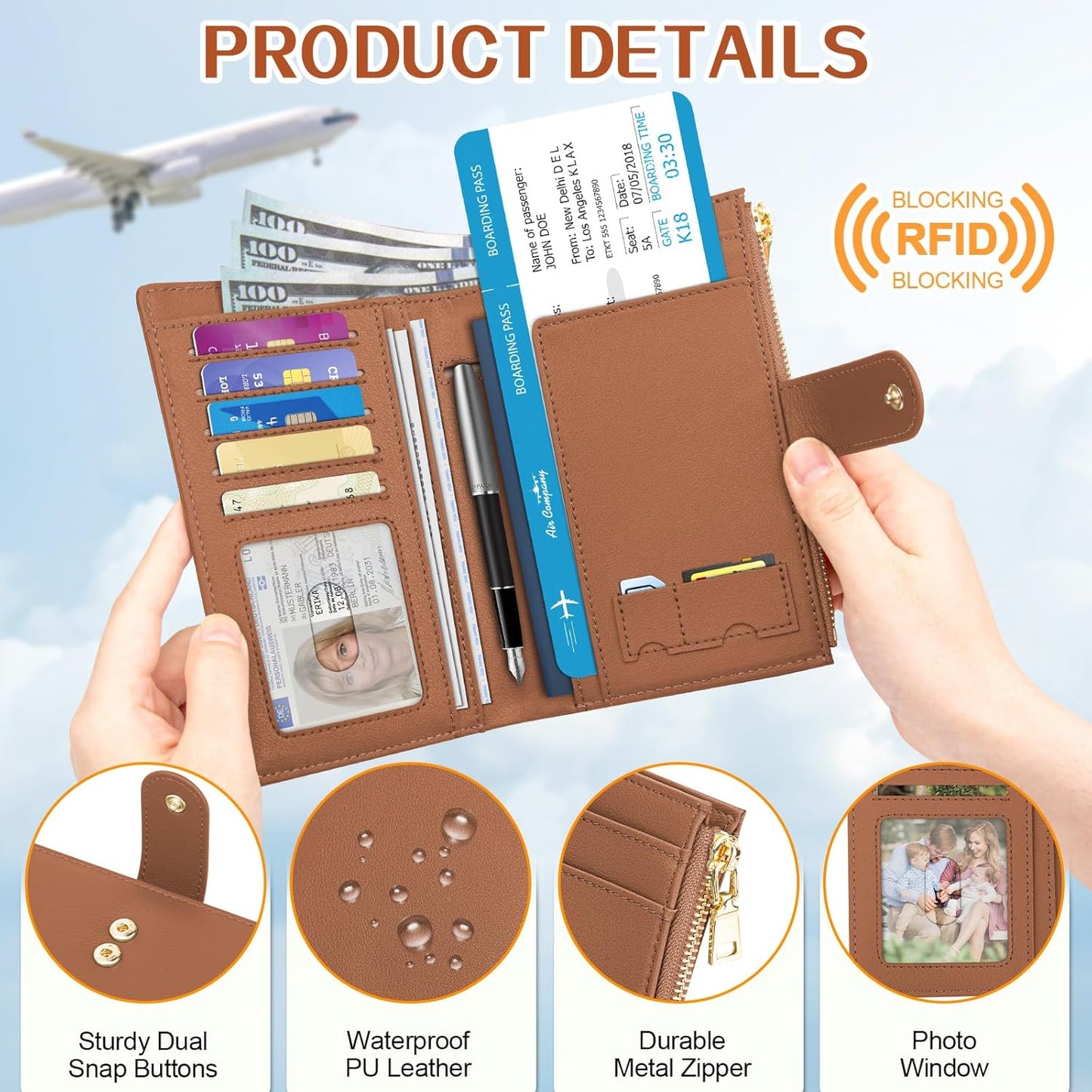 Passport Holder for Travel Women, RFID Blocking Passport Wallet with Airtag Slot, PU Leather Passport Cover Travel Wallet with Zippered Coins Pocket for Travel Essentials