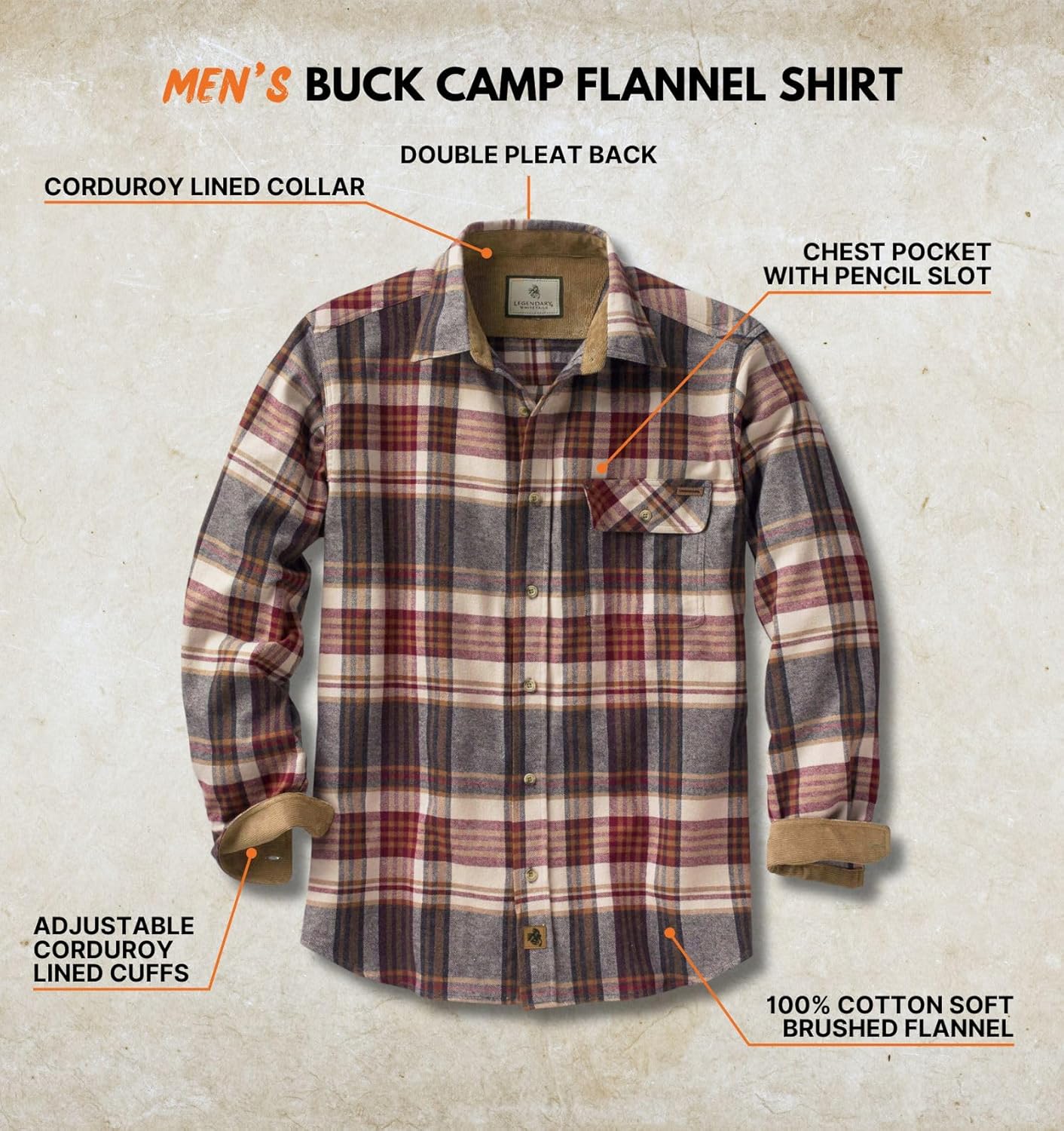 Legendary Whitetails Men's Flannel Shirt Long Sleeve Button Down 100% Cotton