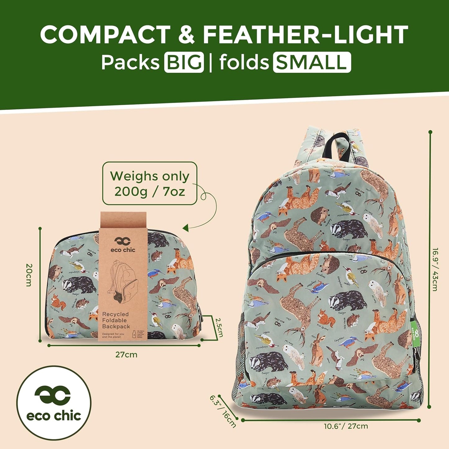 ECO CHIC Hiking Lightweight Packable Backpack - Foldable Daypack for Travel & Hiking & Outdoor Adventures - Waterproof Backpack from Recycled Materials (Woodland Olive)