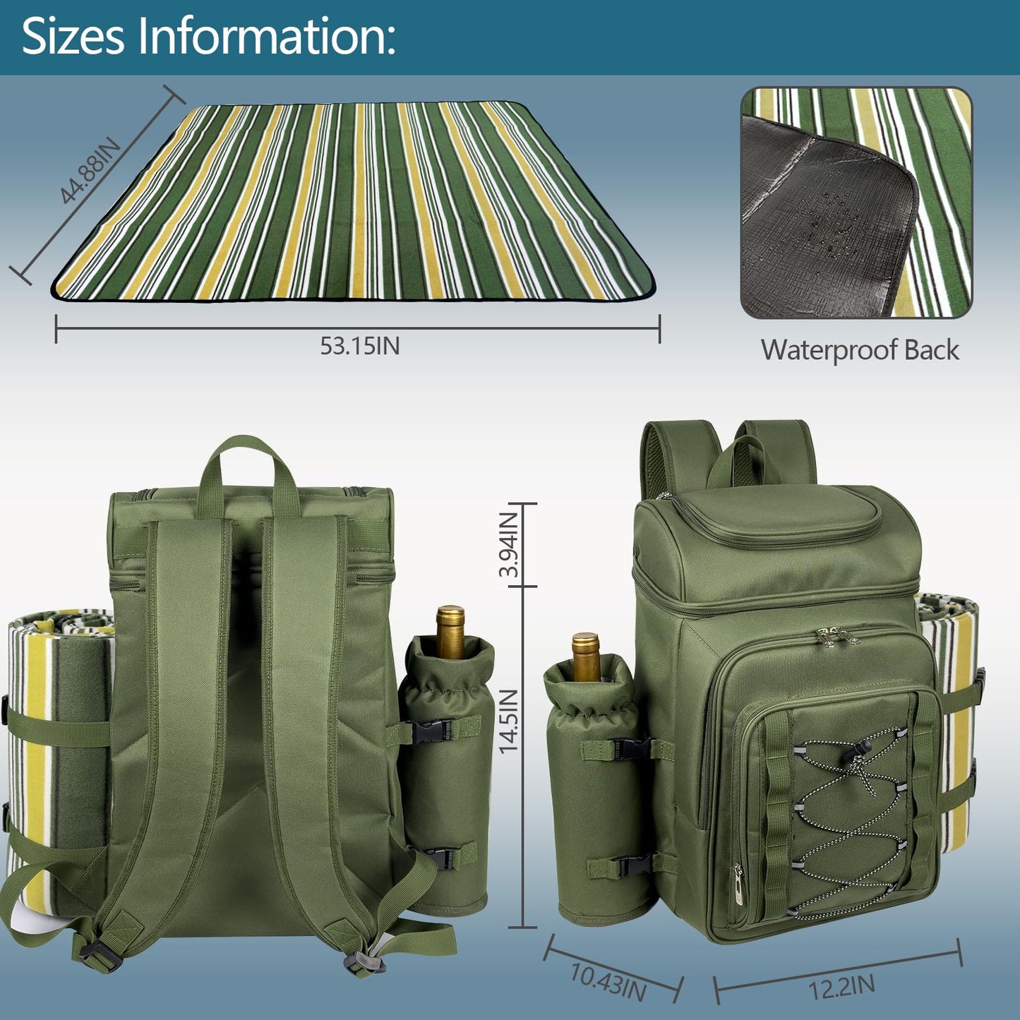 Hap Tim Picnic Basket Backpack for 4 Person with Blanket, Insulated Leakproof Cooler Compartment