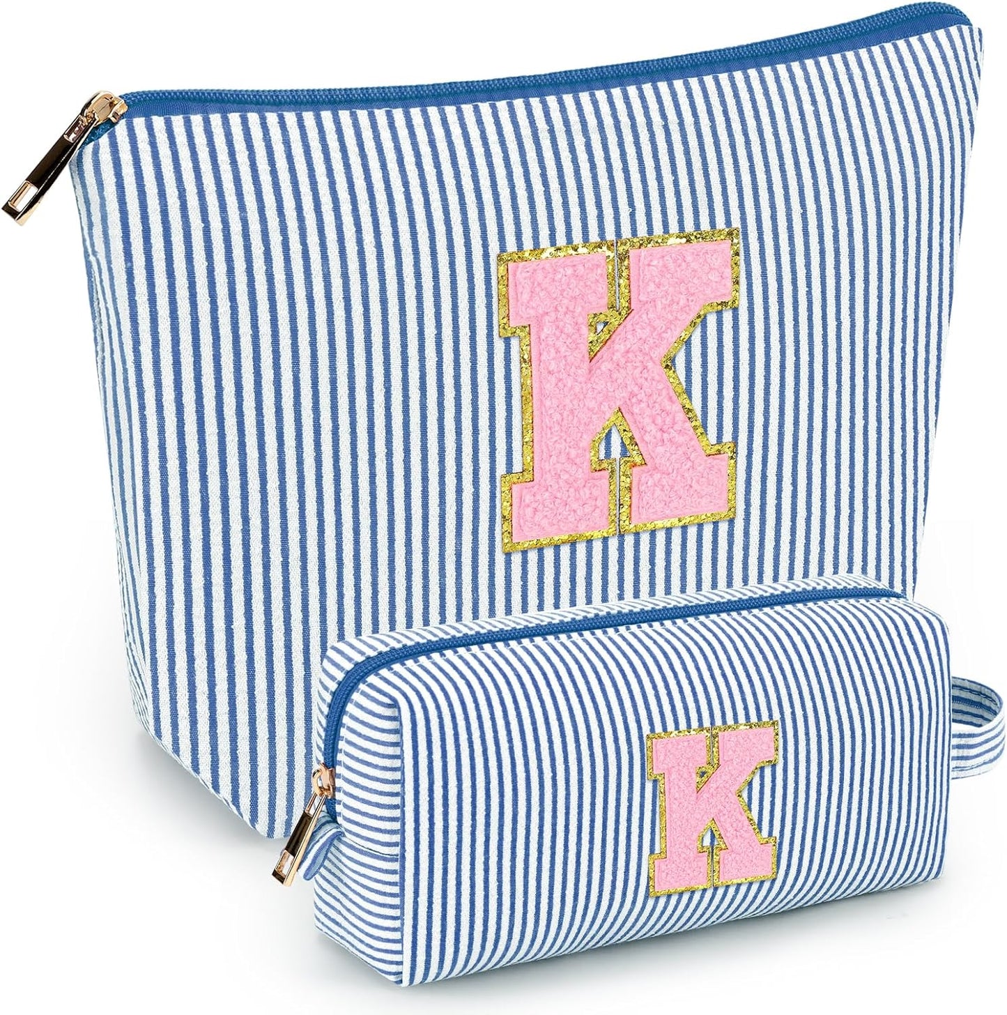 mibasies 2 PCS Initial Makeup Bags for Women: - Birthday Gifts for Teen Girls 11 12 13 14 15 16 Years Old - Preppy Trendy Stuff - Cosmetic Bag for Travel Toiletry - Blue K