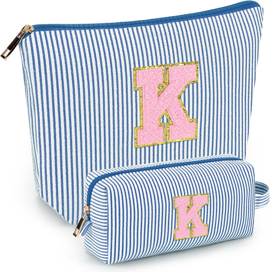 mibasies 2 PCS Initial Makeup Bags for Women: - Birthday Gifts for Teen Girls 11 12 13 14 15 16 Years Old - Preppy Trendy Stuff - Cosmetic Bag for Travel Toiletry - Blue K