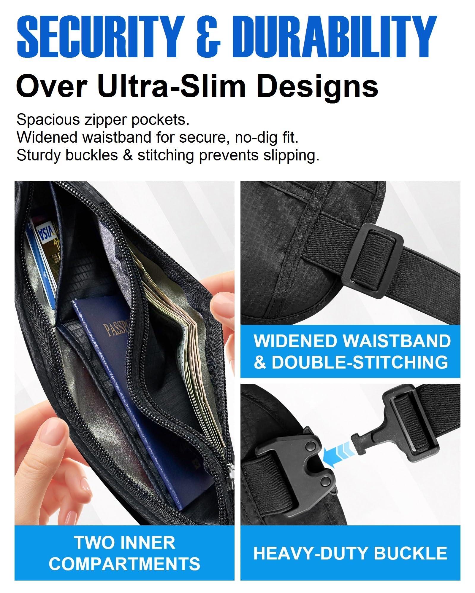 Money Belt for Travel, Passport Holder, RFID Blocking, Sweat-Proof, Black