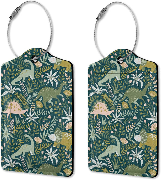 2 Pack Dinosaurs Luggage Tag for Suitcases,Tropical Leaves Luggage Tags PU Leather Bag Travel Suitcase ID Identifier Baggage Tags for Women Men Travel