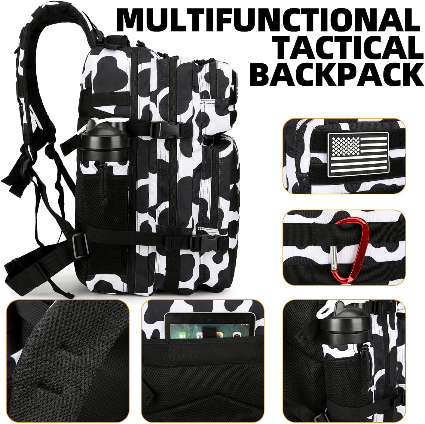25L Tactical Backpack Military Tactical Backpack for Men and Women Small Assault Pack Outdoor Travel Hiking Camping Rucksack with Molle Webbing (Cow Print)