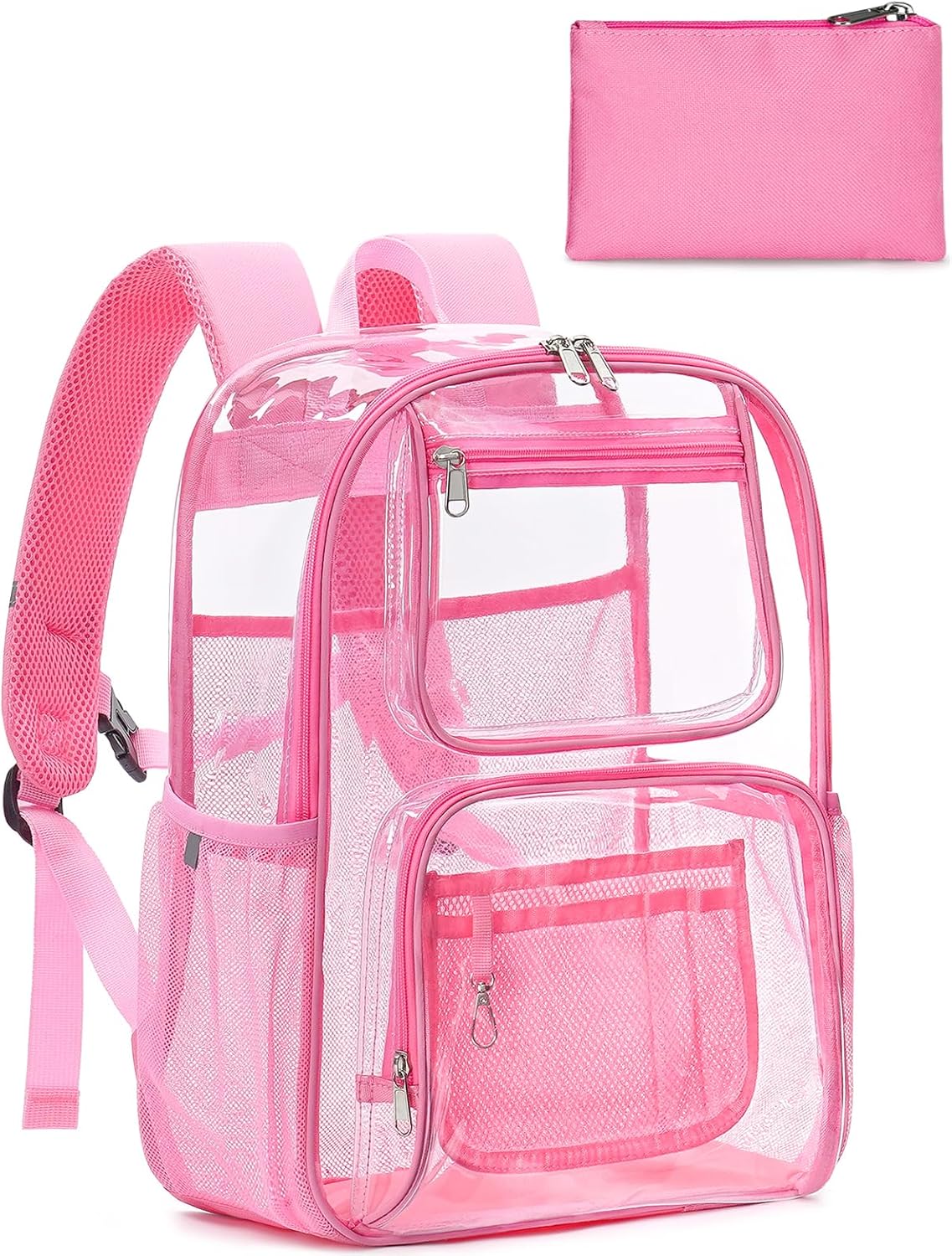 Heavy Duty Clear Backpack For Kids Women Men Boys Girls, 17 Inch Large See Through Backpack, Clear Bookbag With An Extra Pouch Accessories, Transparent Bag For School College Sport Travel, Pink
