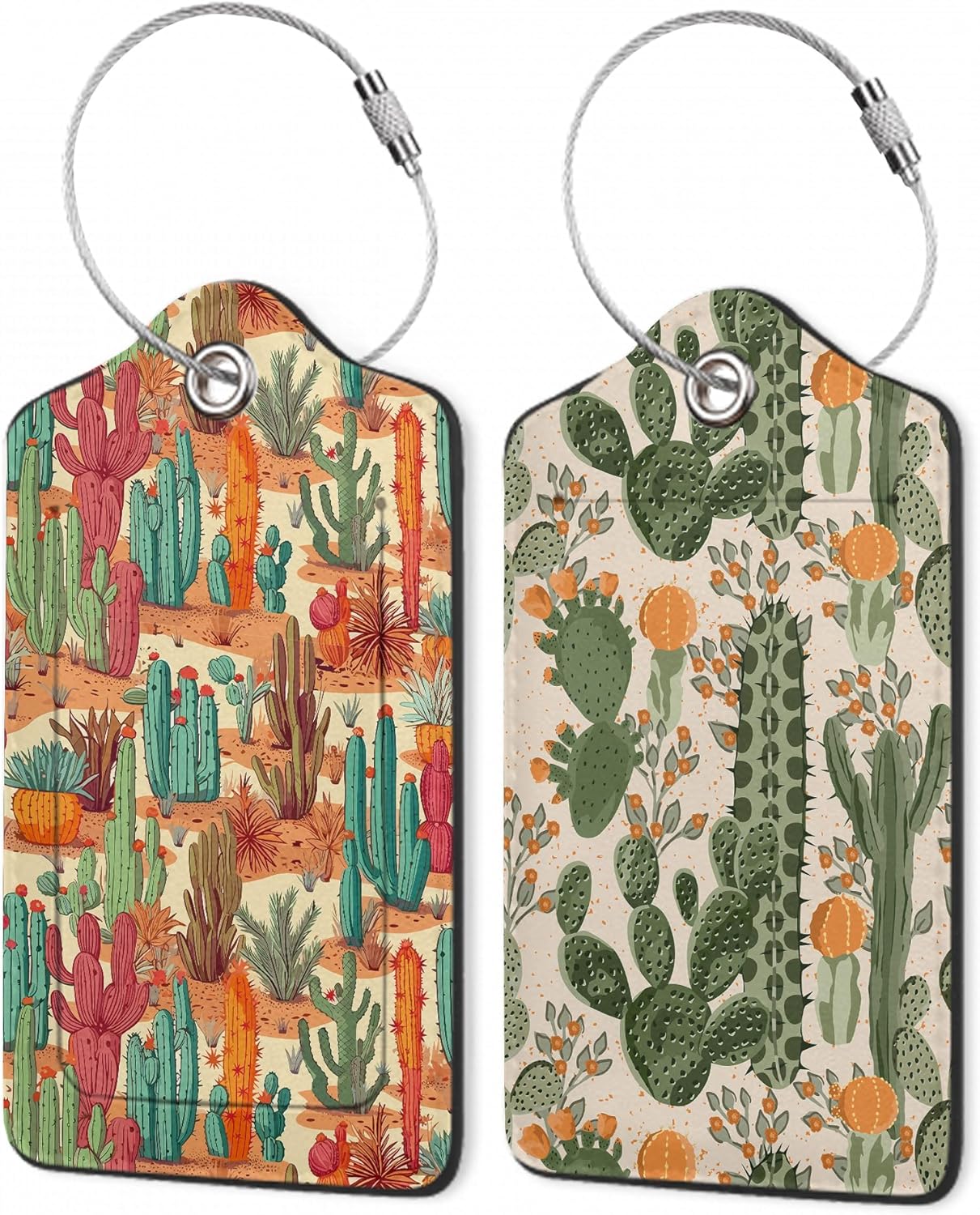 Cactus 2 Pack PU Leahter Luggage Tag,Desert Cactus Flower Leather Suitcase Tags with Privacy Cover Name Address Labels and Metal Ring,Quickly Spot for Bags