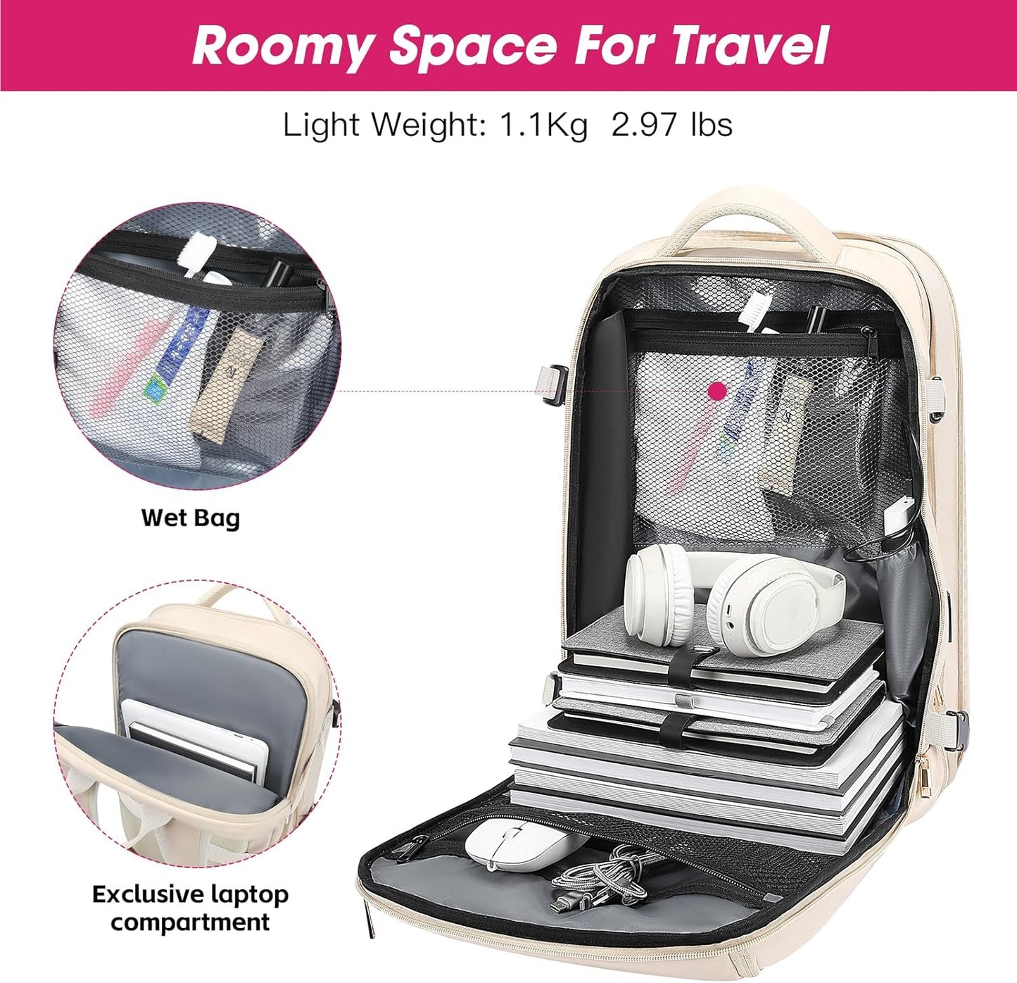 Travel Backpack for Women, 50L Extra Large Capacity Backpack with USB Charging Port, Expandable 17.3 inch Laptop Backpack Mochila Flight Approved, Casual Daypack for Weekender,Beige