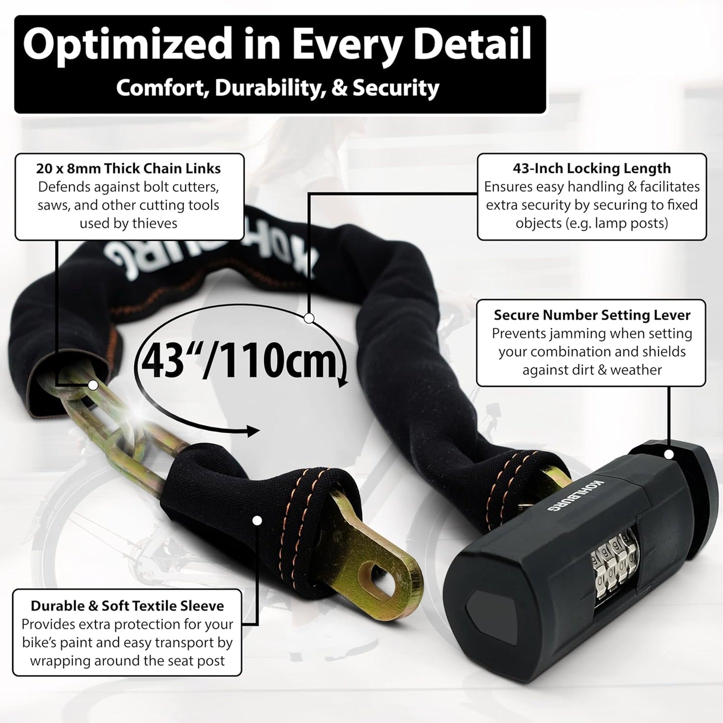 KOHLBURG Heavy Duty Combination Bike Lock [Sold Secure Gold] 43" Long with Maximum Security – Anti Theft Bike Chain Lock with Numeric Code & 8mm Hardened Steel for Bicycle, Ebike, & Motorcycle