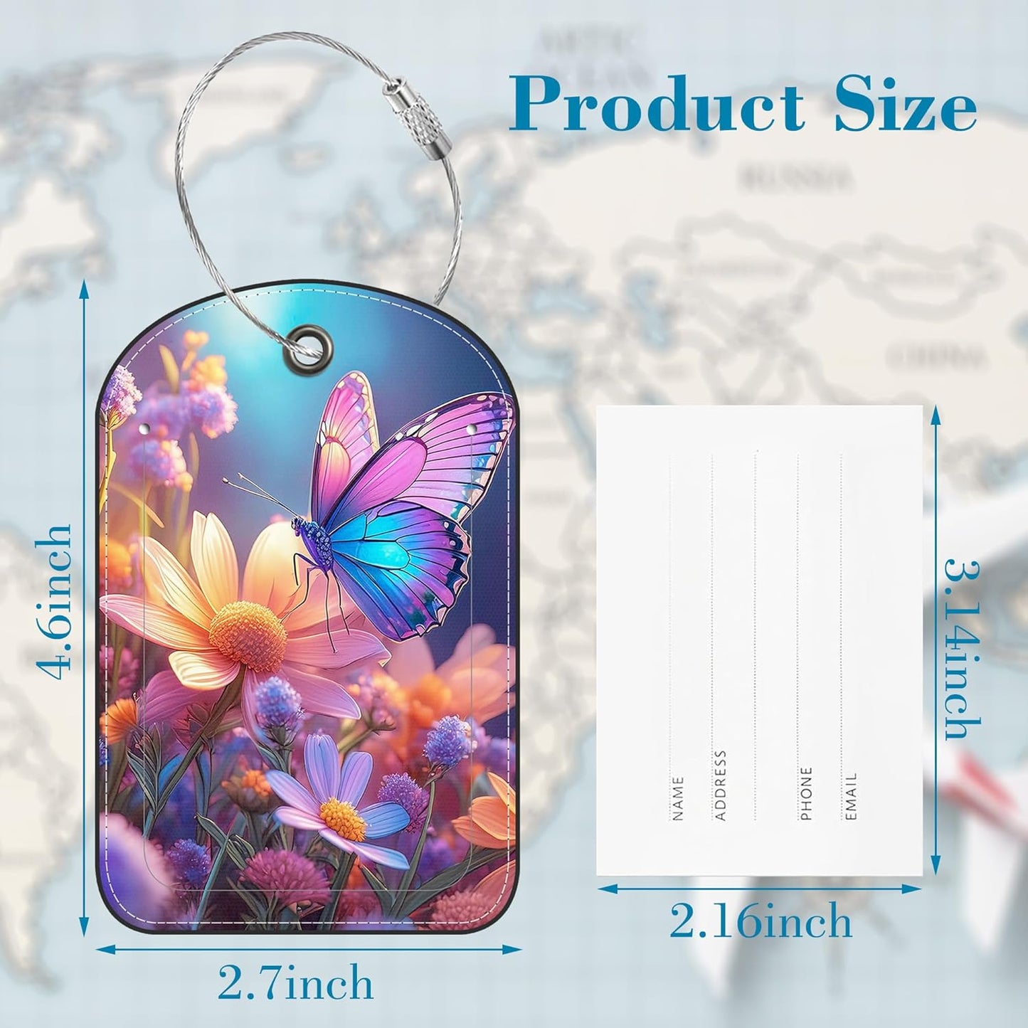 Cute Butterflies and Flowers Leather Luggage Tag for Suitcase 2 Pack Luggage Tag with Privacy Name ID Label and Stainless Steel Loop for Travel Bag Suitcase