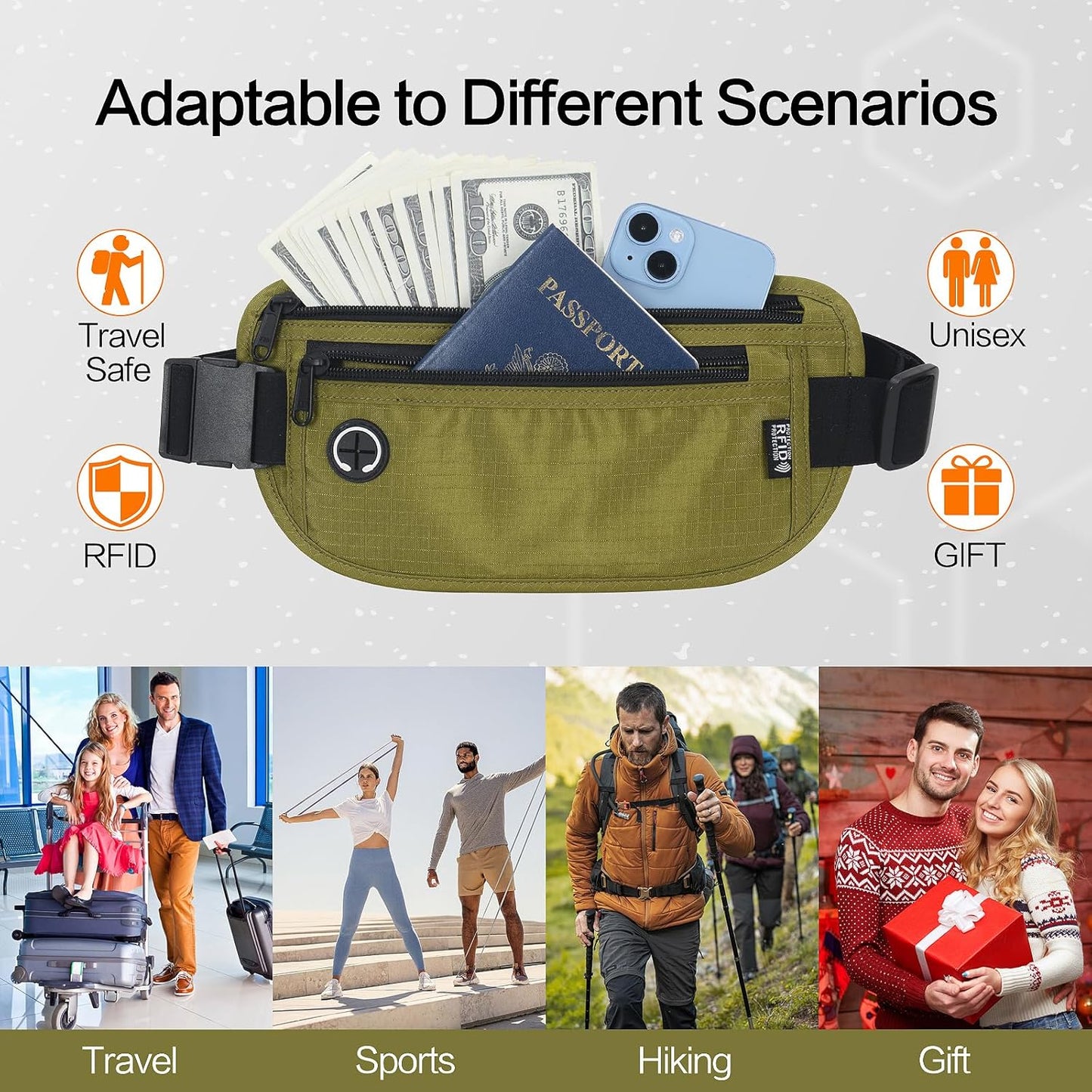 Slim RFID Blocking Money Belt for Travel - Anti-Theft Hidden Passport Holder Waist Wallet with Secure Pouch for Cash, Credit Cards & Phone Safe (Olive-green)