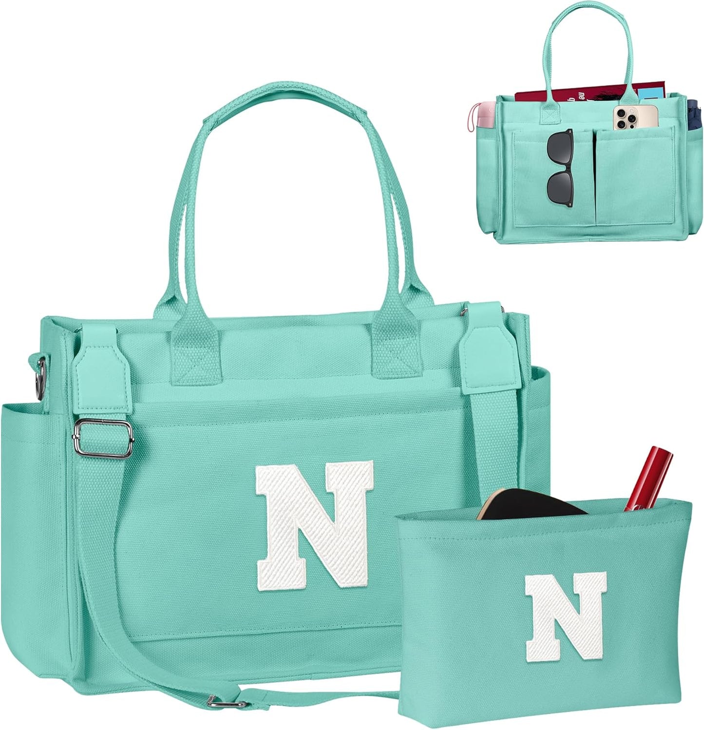 Gifts for Women Teen Girls, Initial Tote Bag with Zipper, Letter Canvas Tote Purse for College Work Laptop Beach