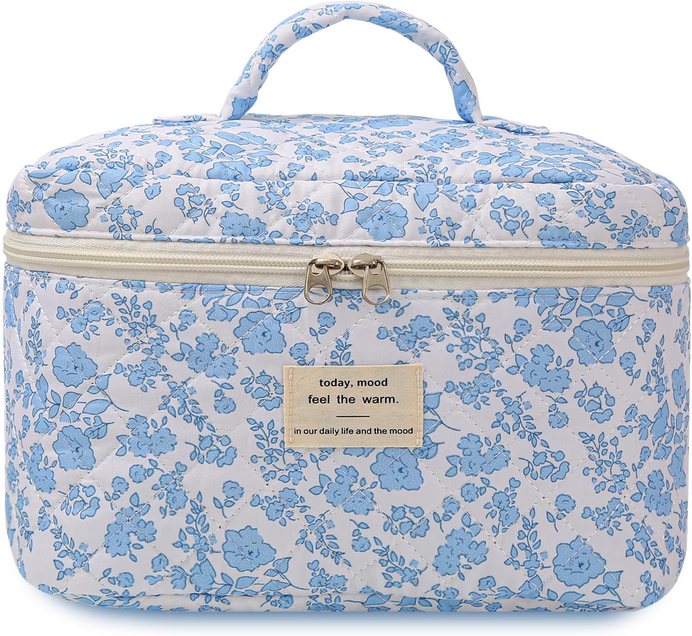 Large Travel Quilted Makeup Bag for Women Girls, Floral Cosmetic Bag, Cute Coquette Aesthetic Flowers Toiletry Organizer Bag Blue Flower