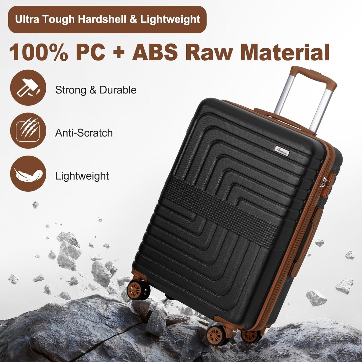 Romswi Luggage Sets 3 Piece Expandable PC+ABS Suitcases, Durable Hardshell Lightweight Suitcase Set with TSA Lock Dual Spinner Wheels, 20/24/28 Inch,Black