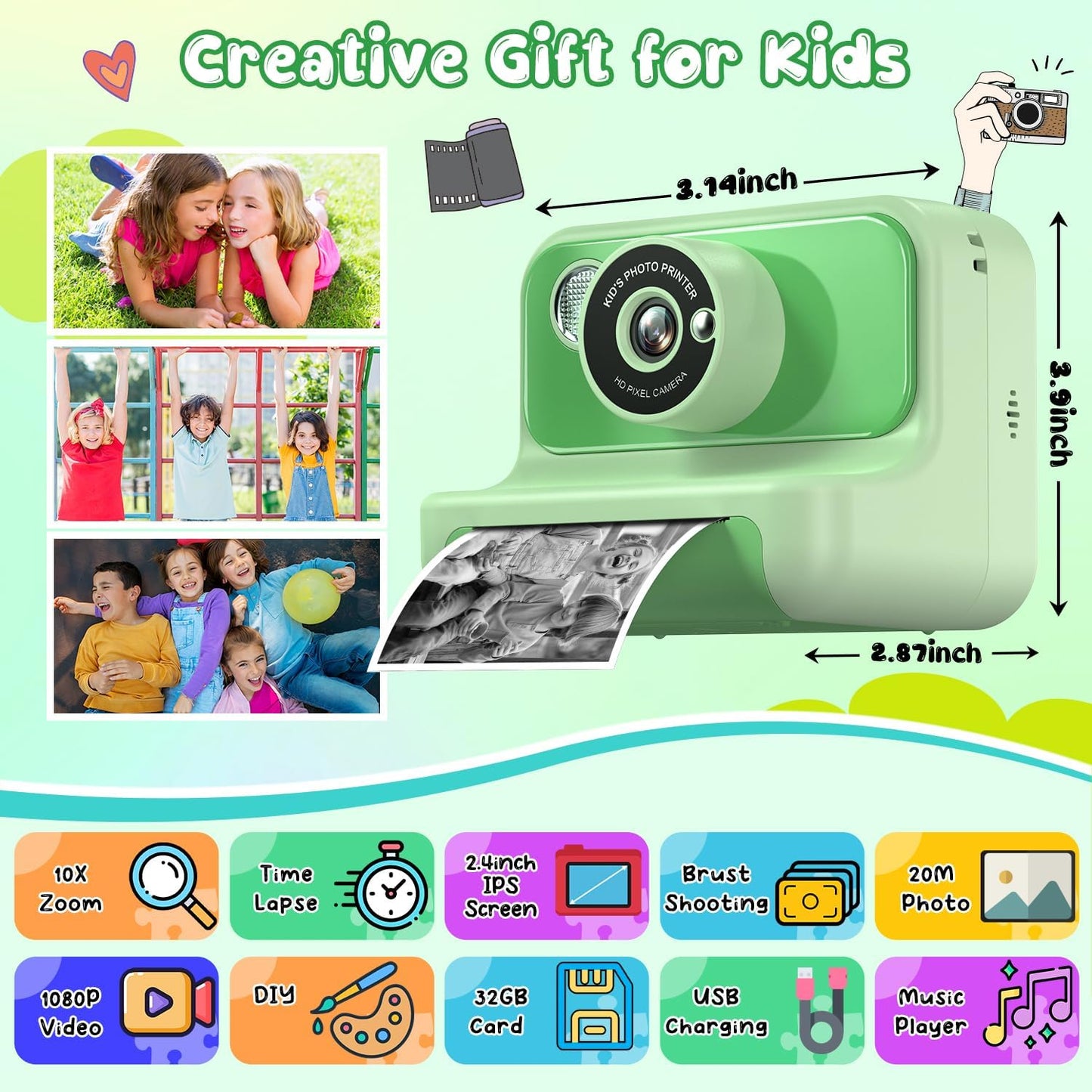 Kids Camera Instant Print, Christmas Birthday Gifts for Girls and Boys, Kids Camera 1080P HD Video Digital Toddler Camera Toy for 3 4 5 6 7 8 9 10 11 12 Years Old