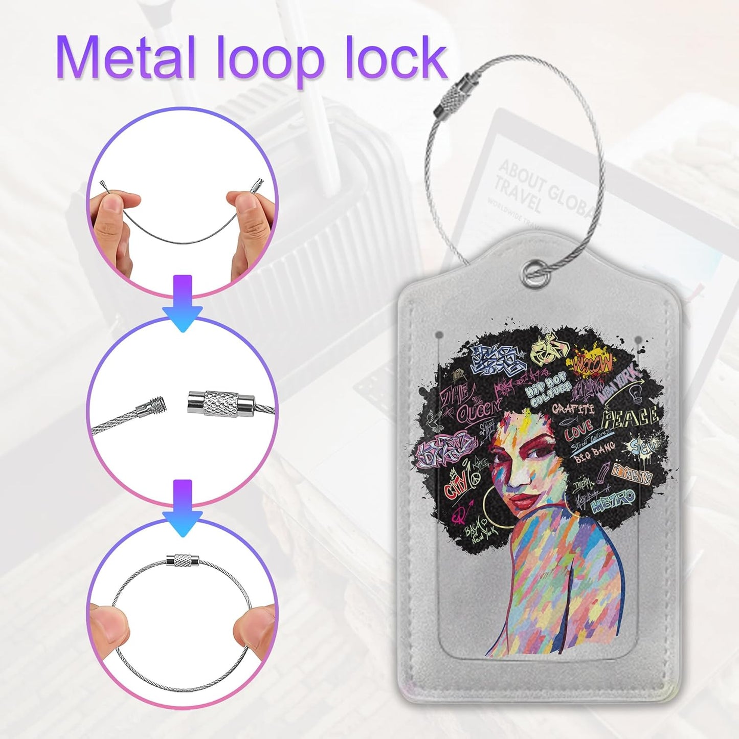 Black Girl Luggage Tag for Suitcase,African American Travel Luggage Cover with Privacy Cover ID Label & Stainless Steel Loop for Women