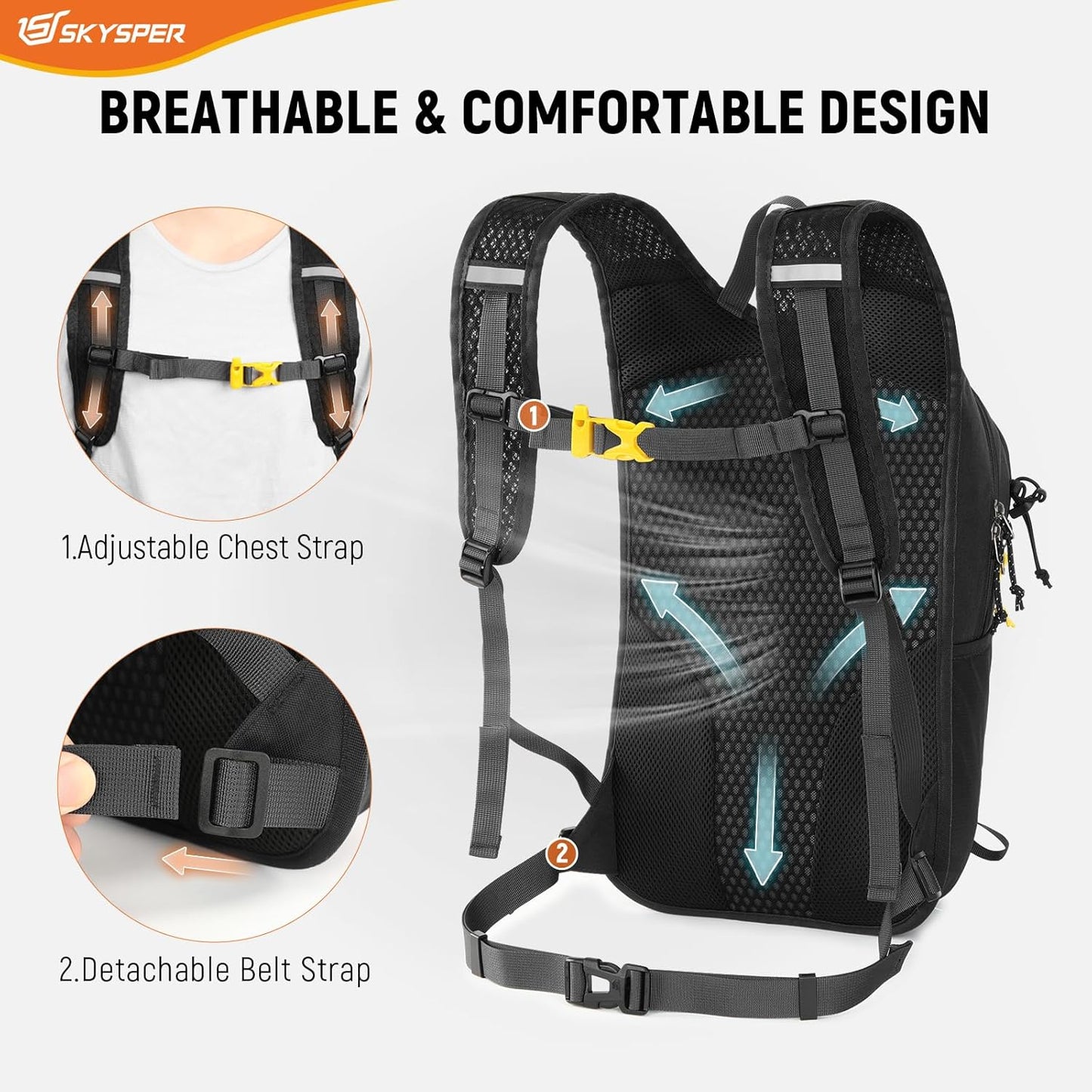 SKYSPER Small Hiking Backpack 15L Lightweight Day Pack Travel Hiking Daypack for Women Men(Black)