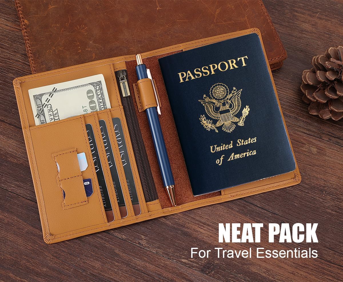 STAR VISTA Phoenix Leather Passport Holder, Calfskin Travel Wallet - RFID Blocking, ID Window, Zipper Pocket, Pen & Notebook Included, Honey