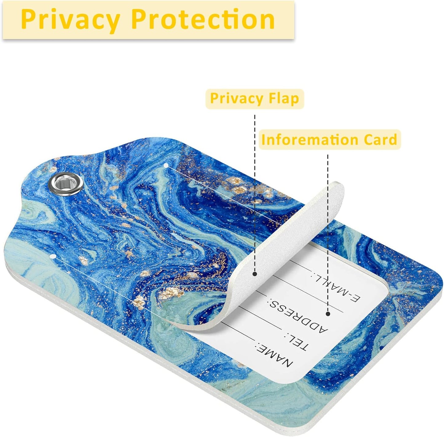 2 Pack Luggage Tag for Suitcase,Abstract Blue Marbled PU Leather Suitcase Tags Identifiers with Privacy Name Address Labels and Durable Steel Loop for Women Men Travel