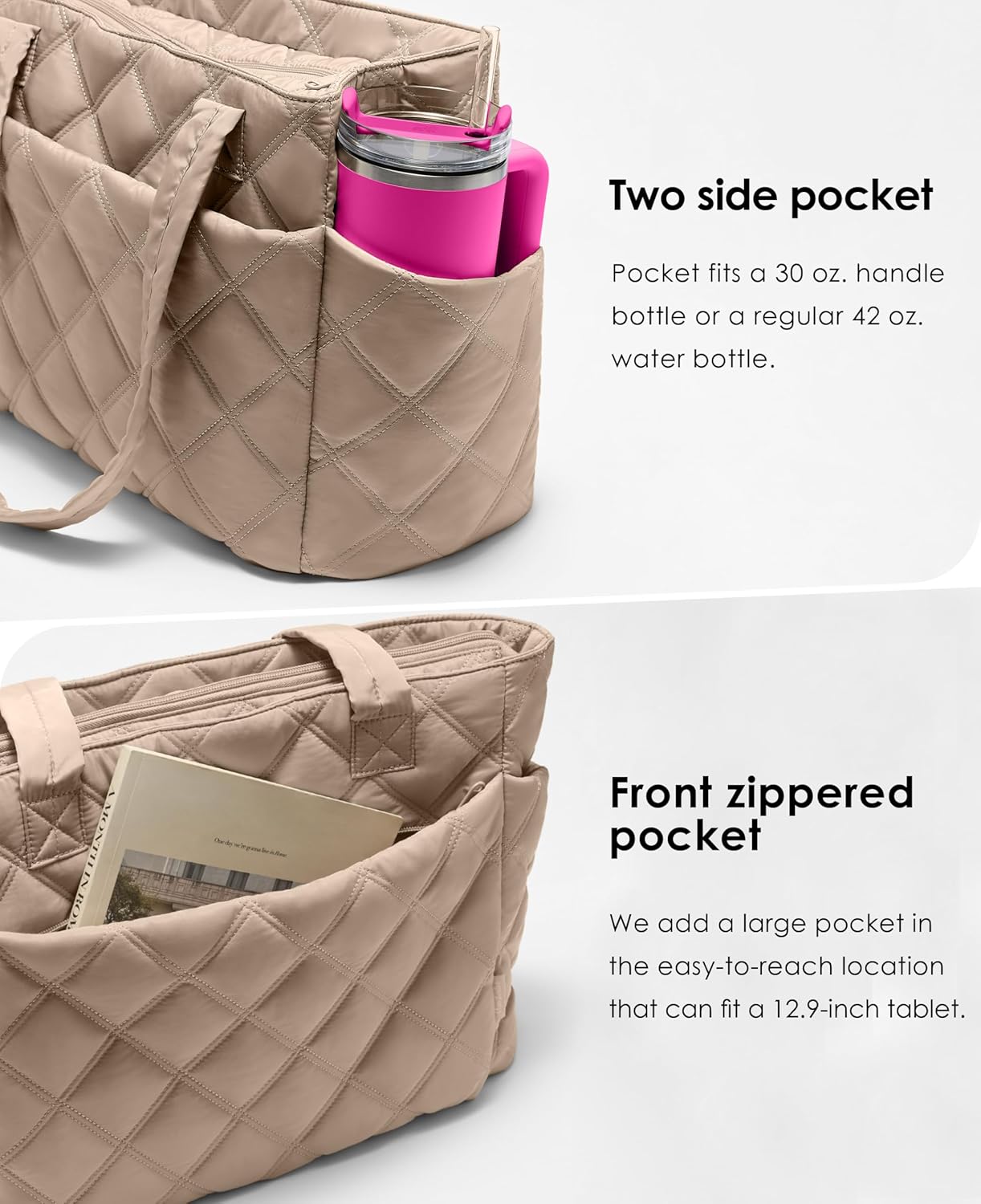 Tote Bag for Women, Lightweight Puffer Tote Work Bags with Compartments for Travel, Quilted Shoulder Bag with Zipper