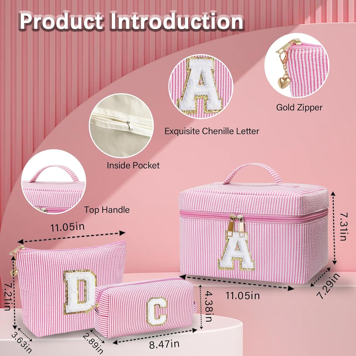 Personalized Monogram Makeup Bag, 3PCS Custom Monogrammed Toiletry Cosmetic Bag for 6-18 Teen Girls Women,Birthday Graduation Gifts Initial Pouch Makeup Bags for Women Girls, Make Up Bag (K, Pink)