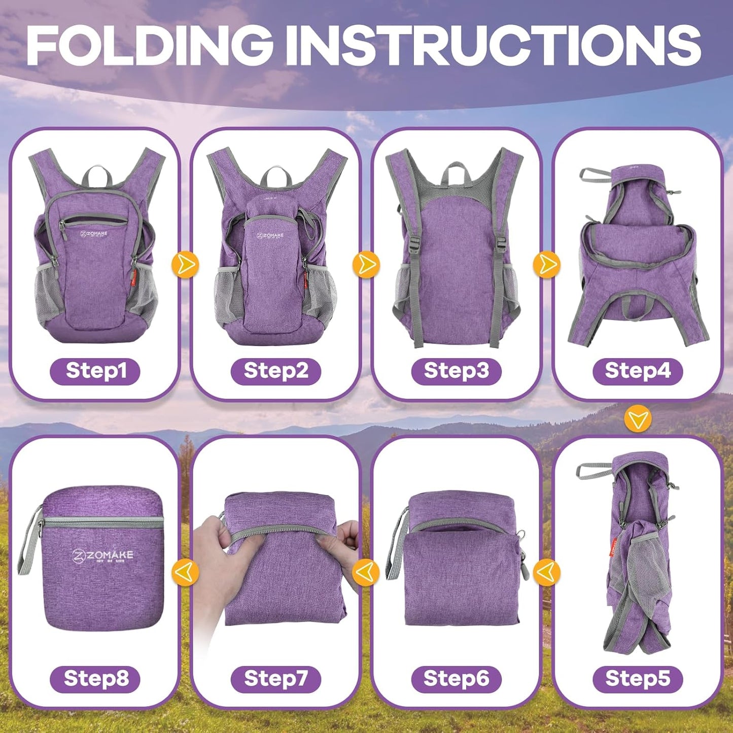 ZOMAKE Ultra Lightweight Packable Backpack 10L,Small Foldable Backpacks Hiking Water Resistant Collapsible Daypack for Women Men(Light Purple-A1)